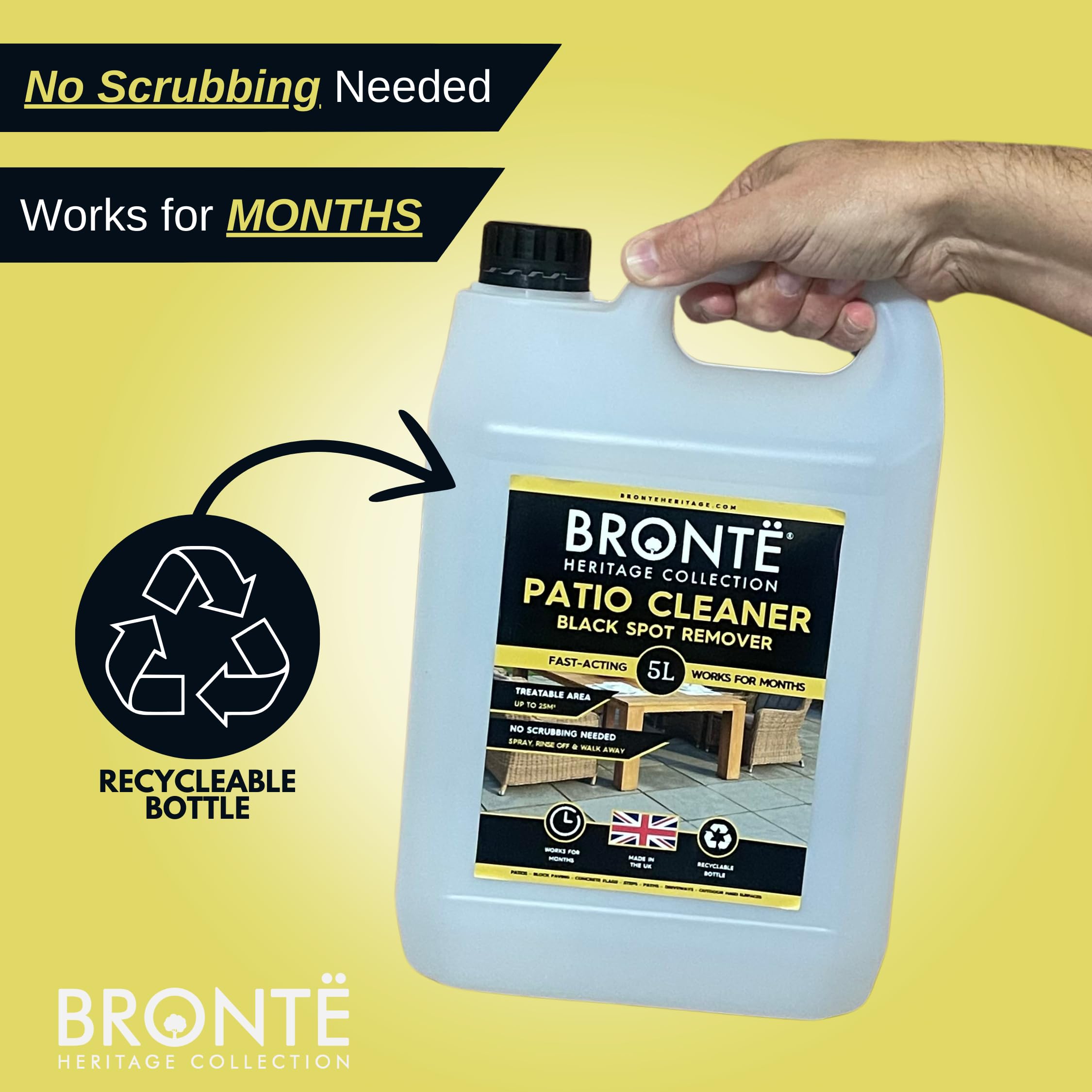 Bronte Heritage Patio Black Spot Remover 5L – Soluzione ad azione rapida per macchie nere ostinate, licheni, muschio e macchie. Non necessita di strofinare, per patio, pavimentazione, vialetti e