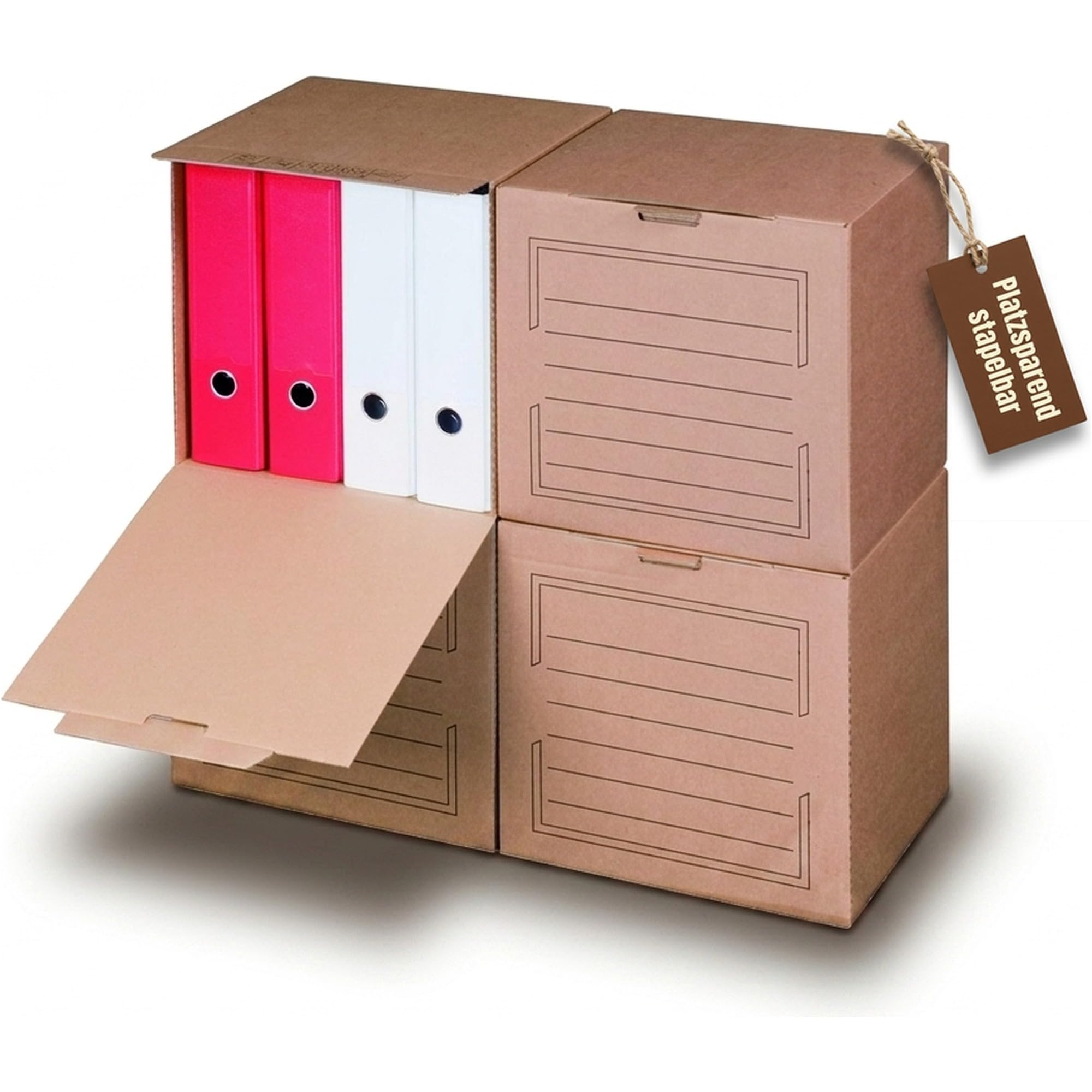 KK Verpackungen Archivbox mit Frontklappe | 20 Stück, Archivschachteln für 4 Ordner | Stapelbar mit Automatikboden, Beschriftungsfeld | Archivcontainer Braun 297x334x330 mm