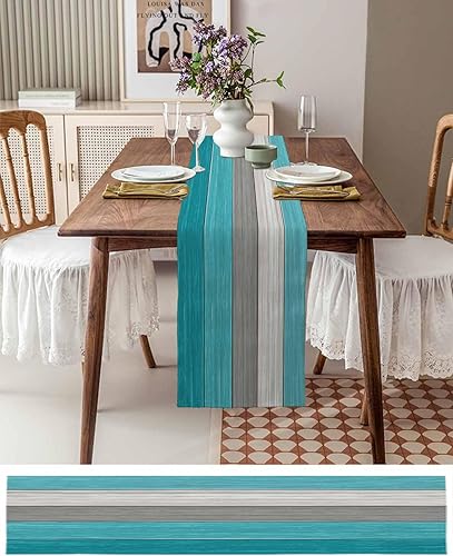 Miniatura 144 de Camino de mesa de algodón y lino estilo granja rústico retro, textura de madera de granero, color degradado marrón y gris, antideslizante,