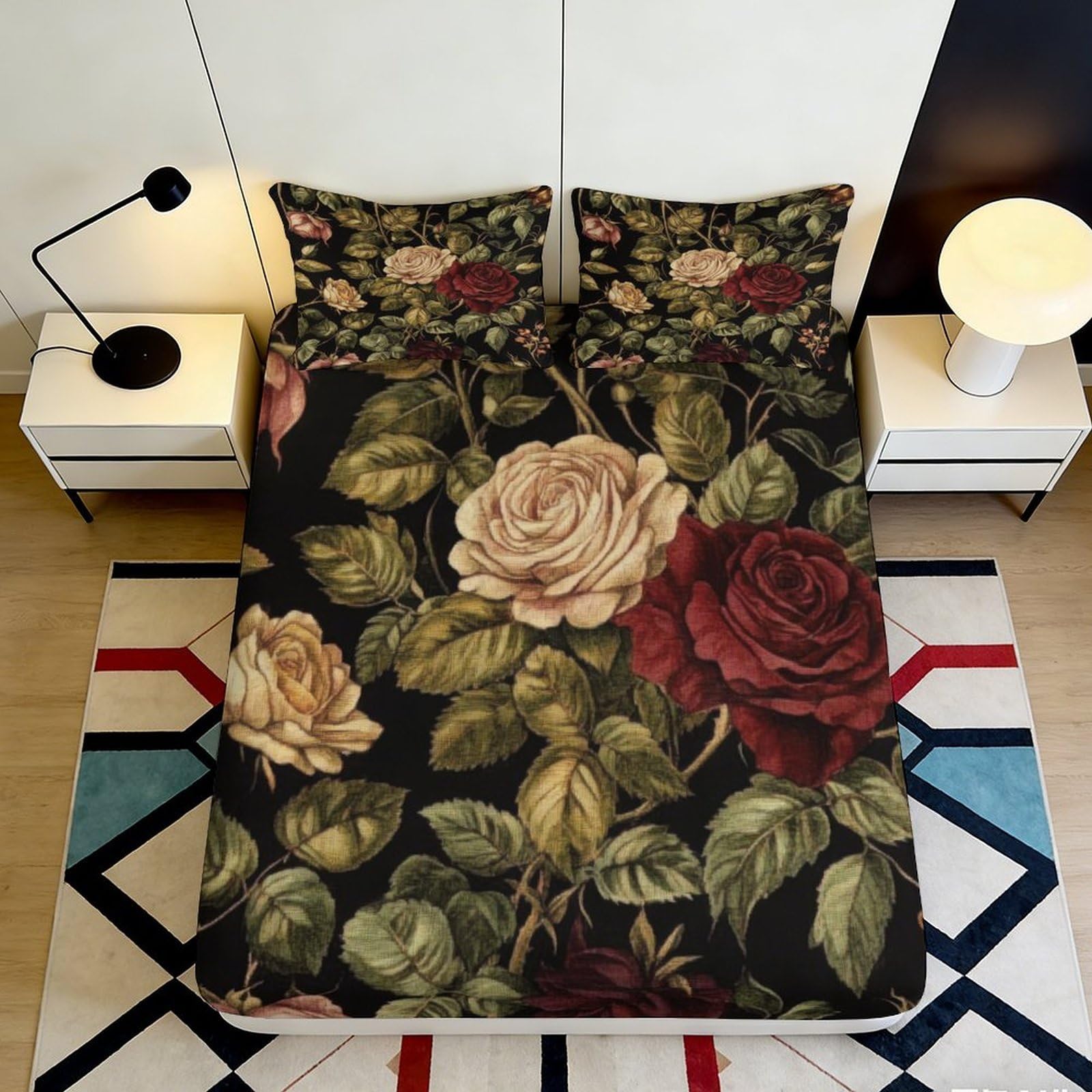 3D Printed Vintage Floral Fitted Sheet Microfiber Soft Rose Pattern Mattress Cover for Bedroom Guestroom Decor 90x200x25cm