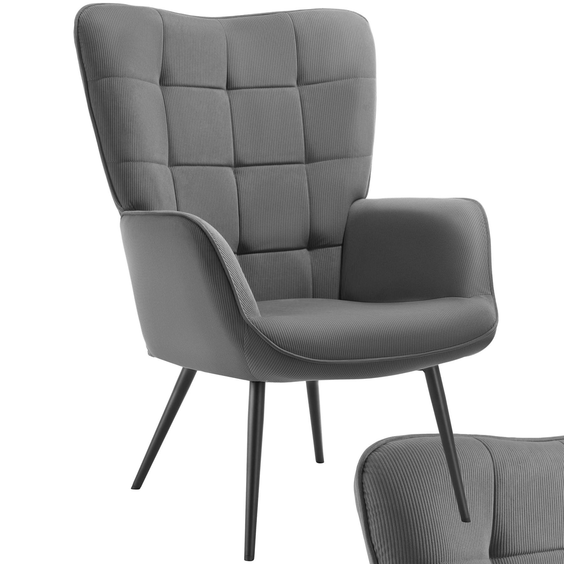 tectake® Fauteuil Relax Confortable en Velours côtelé Fauteuil Scandinave Moelleux avec Accoudoirs & Dossier Ergonomique pour Salle à Manger, Salon, Chambre, Siege Bureau, Allaitement Gris/Noir