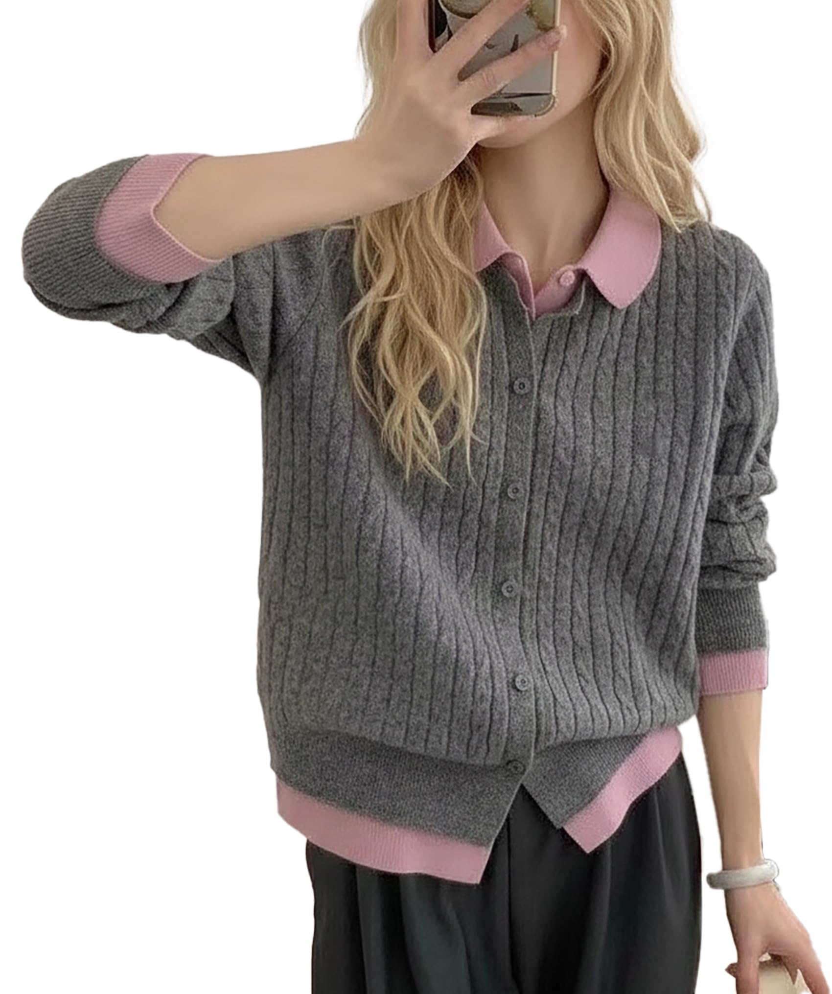 LAI MENG FIVE CATS Womens Long Sleeve Cable Knit Sweater Cardigan Button Color Block 2 in 1 Fall