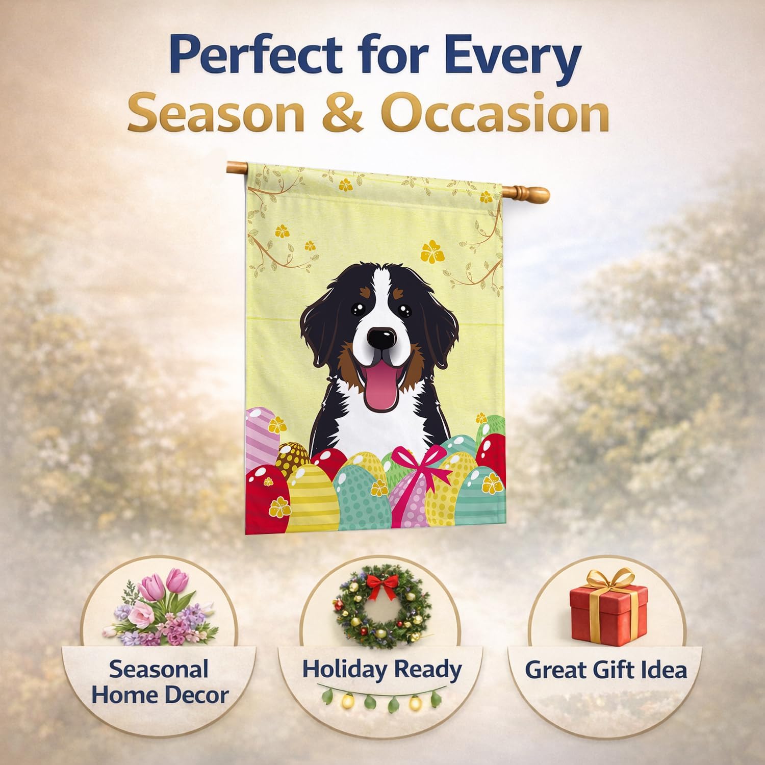 Caroline's Treasures BB1919CHF Bernese Mountain Dog Easter Egg Hunt House Flag Large Porch Sleeve Pole Decorative Outside Yard Banner Artwork Wall Hanging, Polyester, House Size, Multicolor