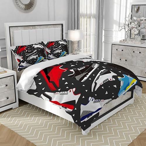 Miniatura 3 de Juego de funda de edredón de zapatos de baloncesto, tamaño King, para adolescentes, deportes, retro, para adolescentes, niños, niñas, dormitorio, 3