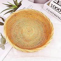 Vista 5 de I-lan Cesta de pan de ratán de 9 pulgadas con pared de 2 pulgadas, bandeja plana de mimbre con borde enrollado, cuenco redondo decorativo para todos
