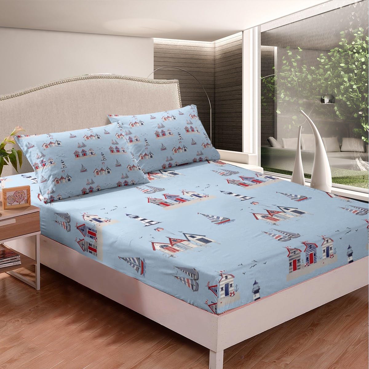 Parure de lit voilier bleue anti-plis avec drap-housse pour ados et enfants