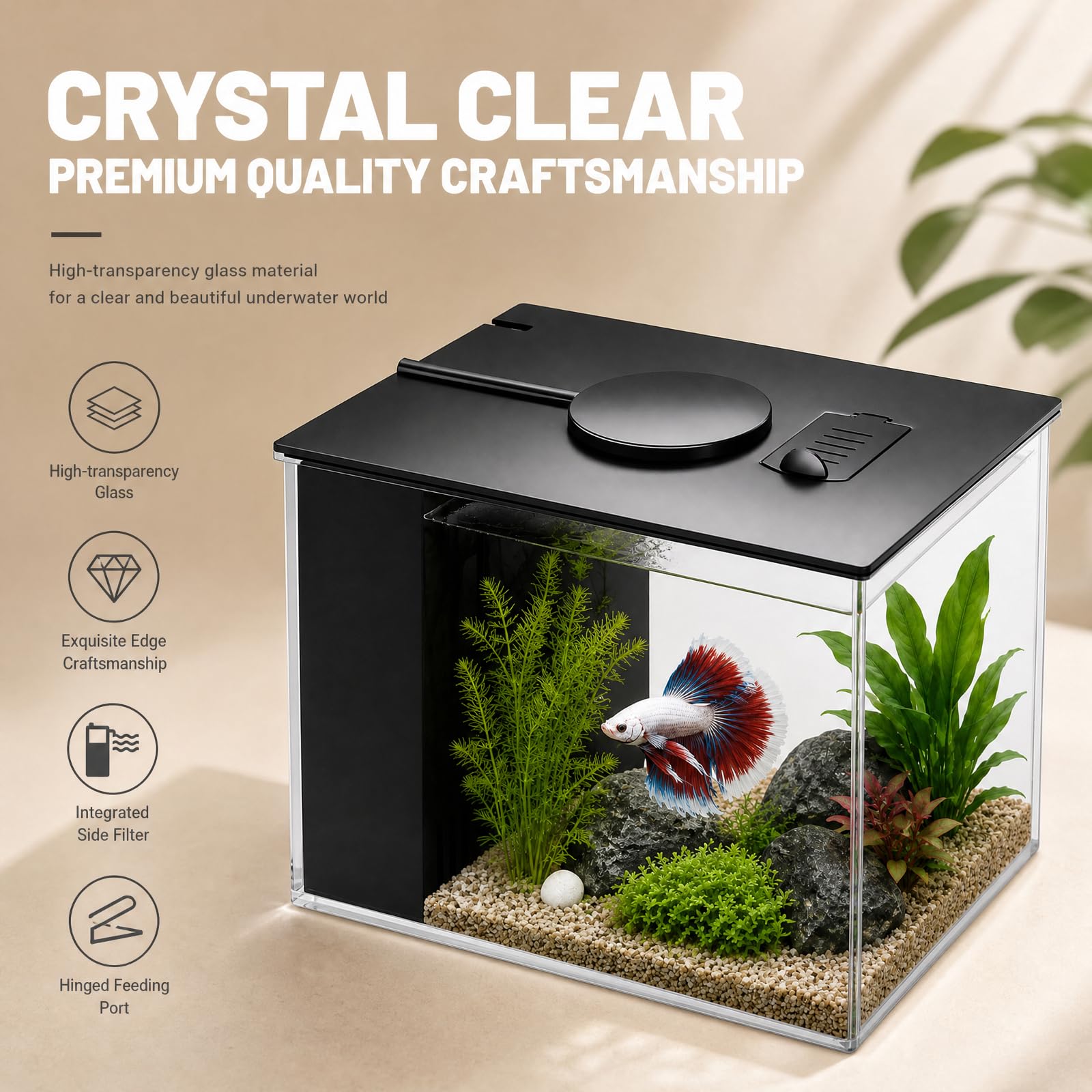 Petit Aquarium Complet, Mini Aquarium Plastique, avec Pompe de Filtration et Éclairage LED Réglable, Aquarium à Circulation Automatique, pour Petits Poissons, Crevettes et Plantes Aquatiques (Black)