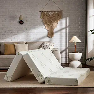SINWEEK Memory Foam Folding Mattress, 4 Inch Foldable Trifold Mattress Topper, CertiPUR-US Certified Guest Bed with Cooling Cover & Waterproof Lining