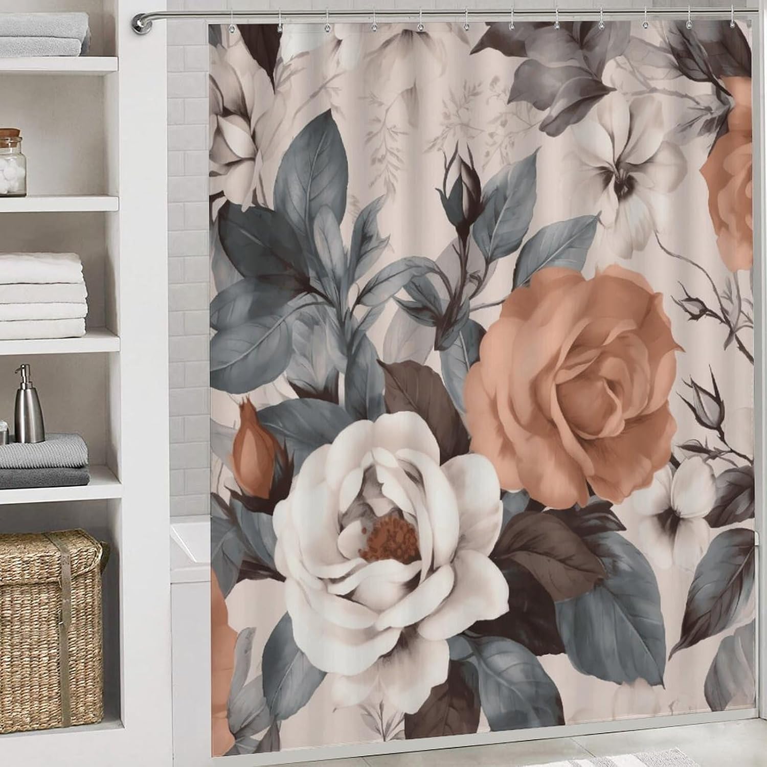 Flowers 4Pcs Shower Curtain Set with Non-Slip Rugs, Toilet Lid Cover and Bath Mat,Bathroom Set Decor Accessories,Curtain Set with 12 Hooks, 72 X 72 Inch