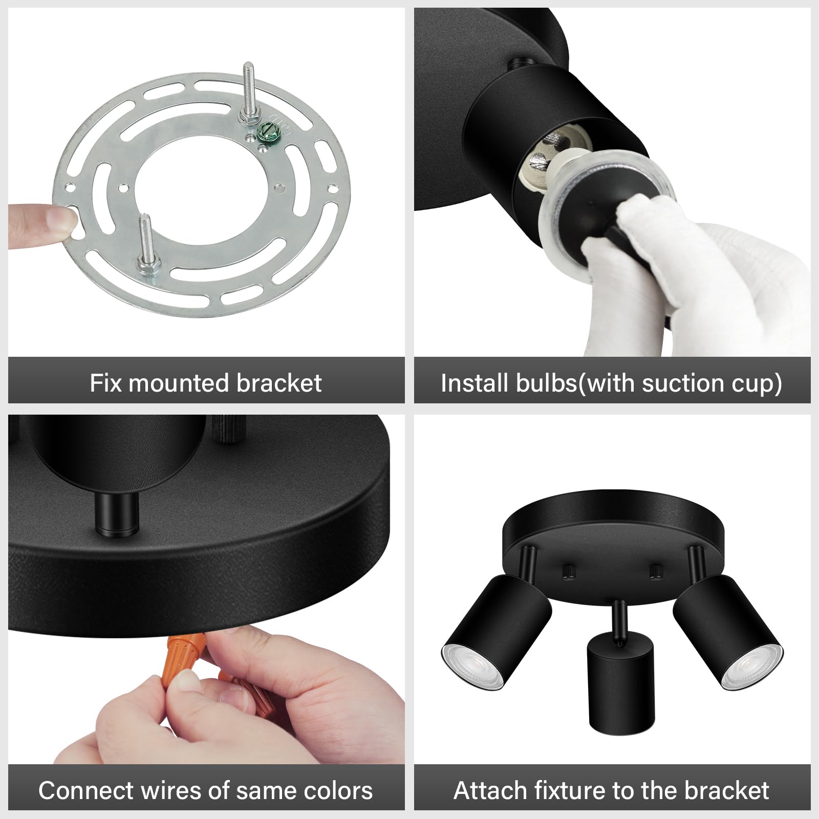 3 luces de riel de iluminación de techo, foco de techo direccional redondo negro mate, GU10 de montaje empotrado para techo/pared, luz LED moderna ajustable para cocina/sala de estar, sin bombilla 8