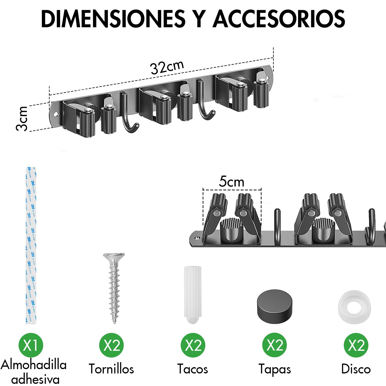 Radikor Colgador Escobas y Fregonas, Soporte Escobas Pared Adhesivo con 3 Soportes y 2 Ganchos, Sujeta Escobas Pared Atornillable, Portaherramientas de Jardín, Soporte para Fregona Escoba, Negros