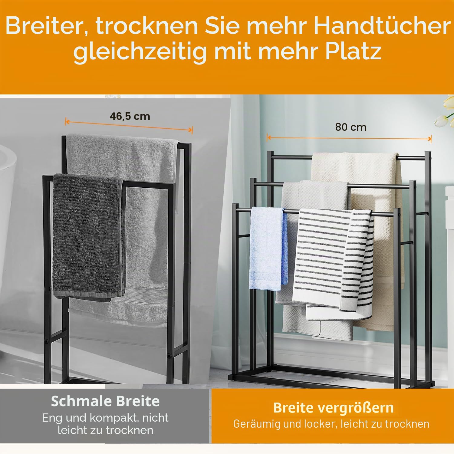 Honiter Handtuchhalter für Badezimmer, 3 Etagen breiter Handtuchtrockner im Freien, freistehender Handtuchhalter, Pool-Handtuchdecken-Ständer und Präsentationsständer für übergroße Badetücher, Schwarz