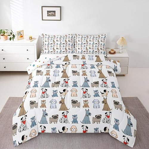 Erosebridal Juego de edredón de perros lindos para niños, juego de ropa de cama de cachorro de carlino de dibujos animados para niñas y niños,