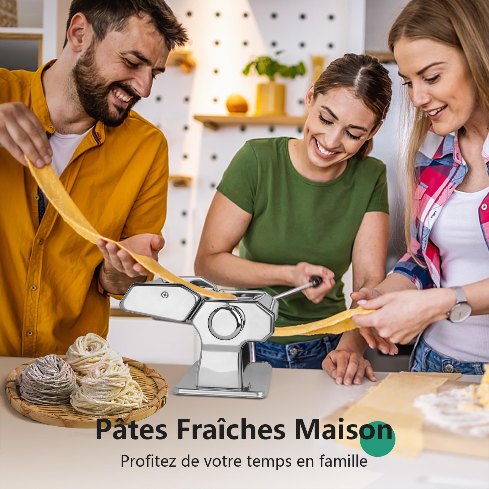 YASHE Machine à Pâtes Manuelle, 7 Épaisseurs Réglables, Machine à Pâtes en Acier Inoxydable avec Rouleau et Cutter, Machine à Pâtes Fraîches à Manivelle à la Main pour Spaghetti, Fettuccini, Lasagnes