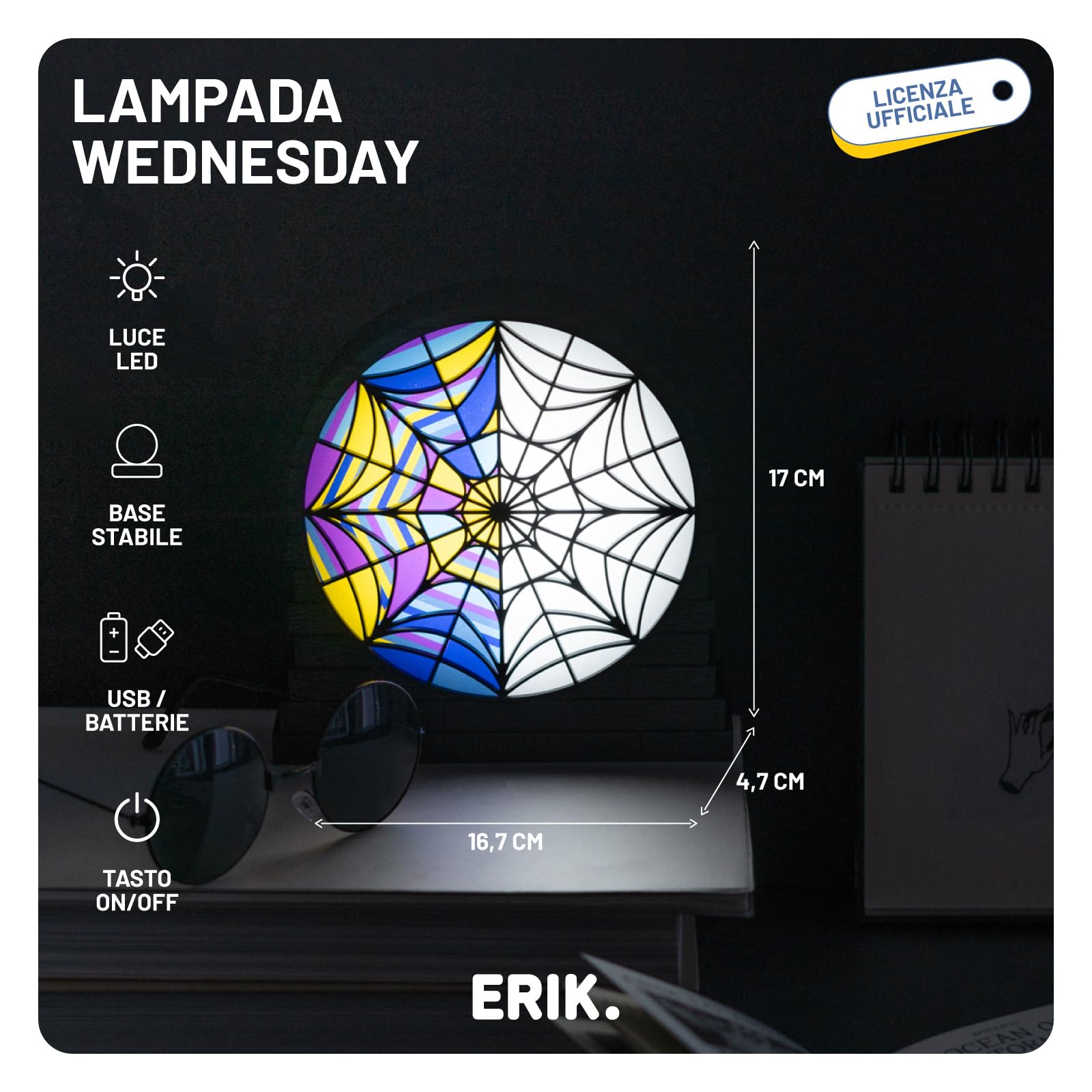 Grupo Erik Lampada Mercoledì Addams - Lampada da Comodino o da Tavolo LED Gaming con Cavo USB o Batterie AAA | Luce Notturna Wednesday Addams 16,7 x 17 x 4,7 cm