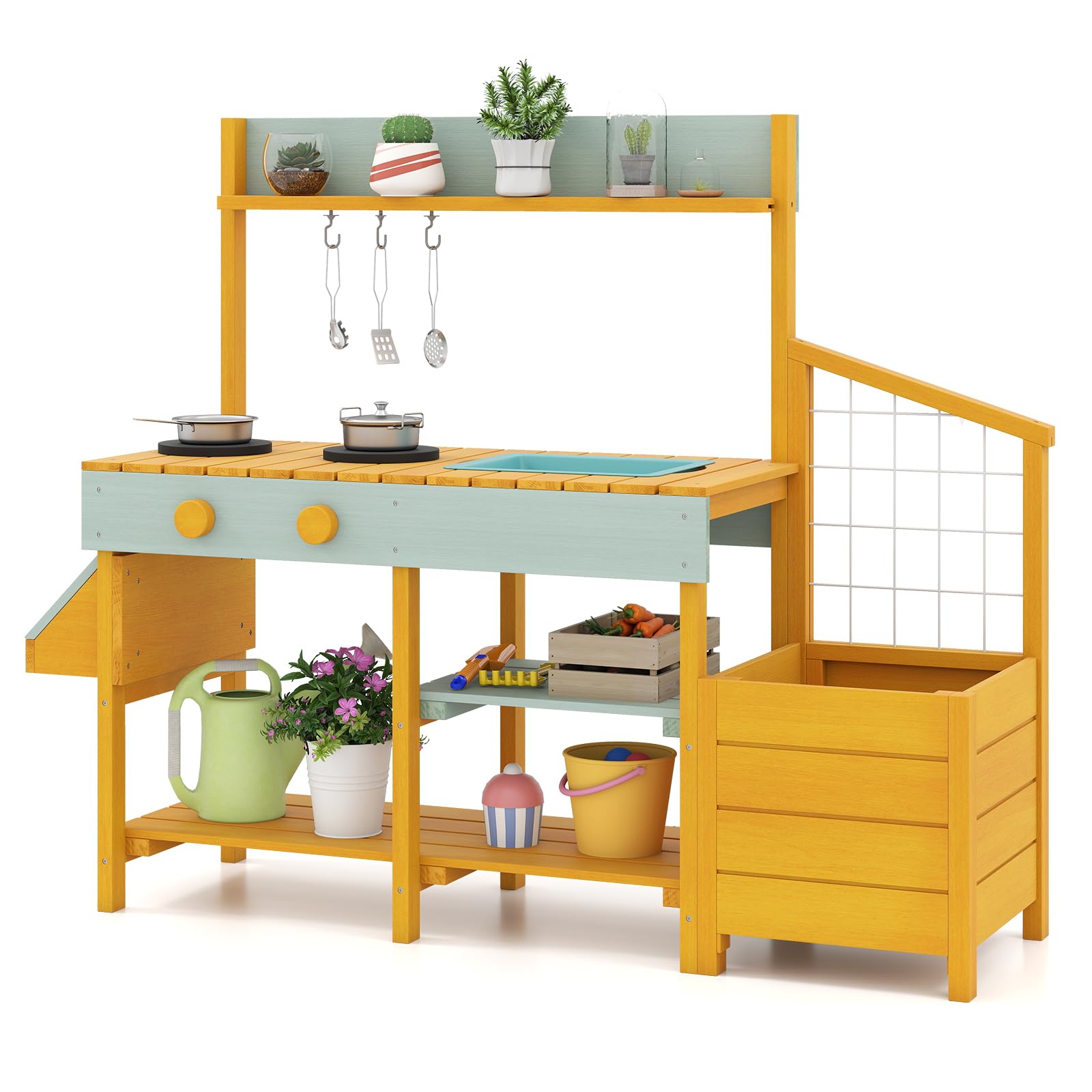 COSTWAY Mud Kitchen, Wooden Kids Play Kitchen with Removable Sink, Stoves, Planter Boxes, Trellis & Cooking Accessories, Outdoor Pretend Kitchen Playset for Boys Girls Ages 3-8 (Yellow + Light Green)