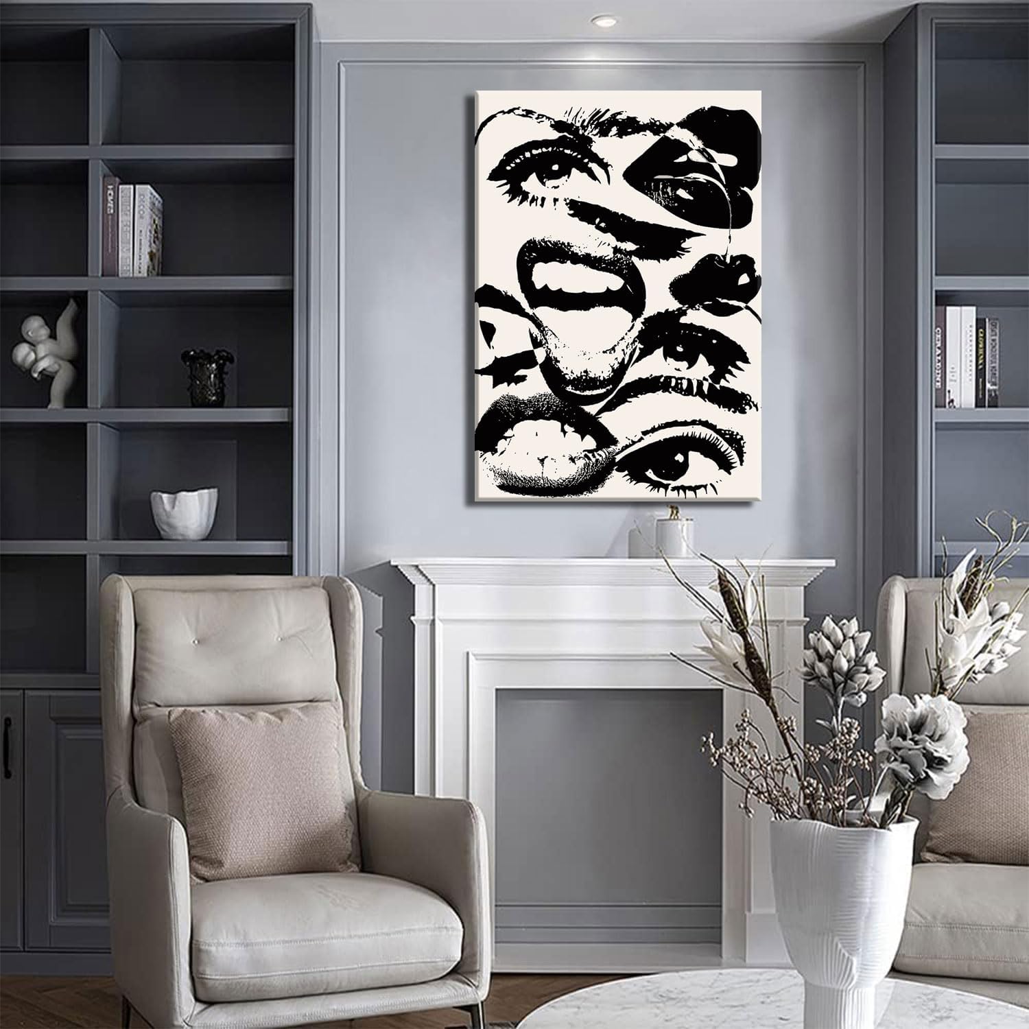 70s retro Black and White Wall Art, Hippie Quirky abstractCanvas Prints,Weird Eyes and Mouths funky Aesthetic Poster，Neutral Preppy Wall Art Eclectic Apartment Decor Pictures Unframed (black, 16x24