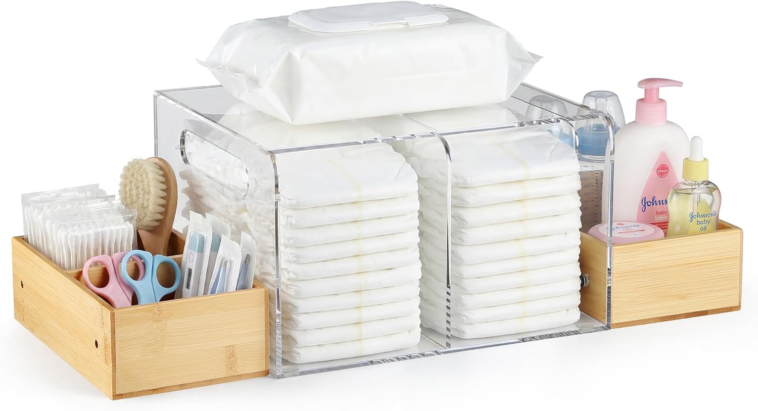 Acrylic Diaper Caddy, Changing Table Organizer with Handle & 3 Wooden Compartments, Storage for Wipe Dispenser, Baby Organizers and Storage, Perfect for Diapers Wipes Creams, Clear