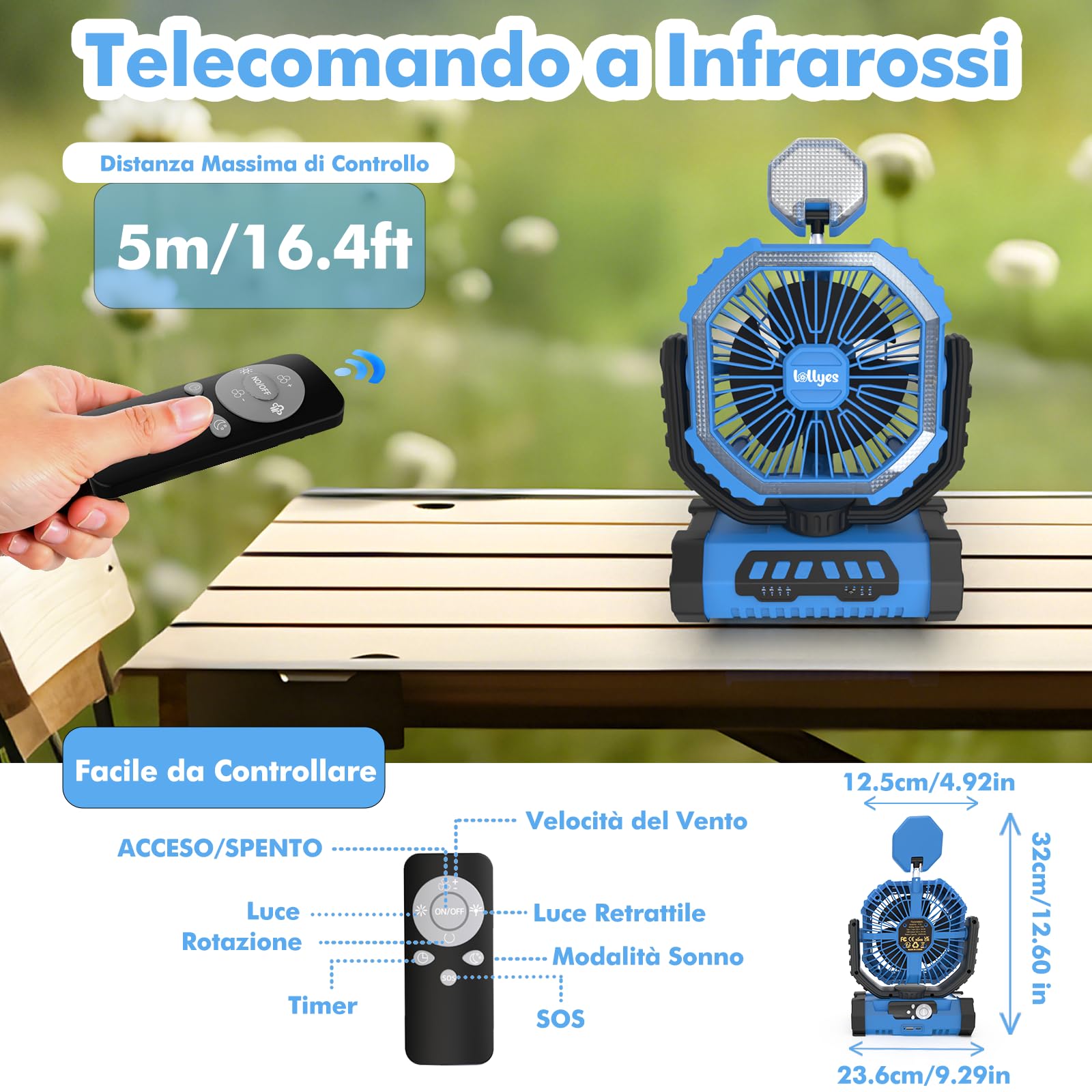 Ventilatore da Campeggio con Luce, Alimentazione a Batteria 20000mAh, Ventilatore Portatile Ricaricabile con Telecomando e Gancio Rotante a 360°, 4 Velocità per Interni, Viaggi, Camper (Blu)
