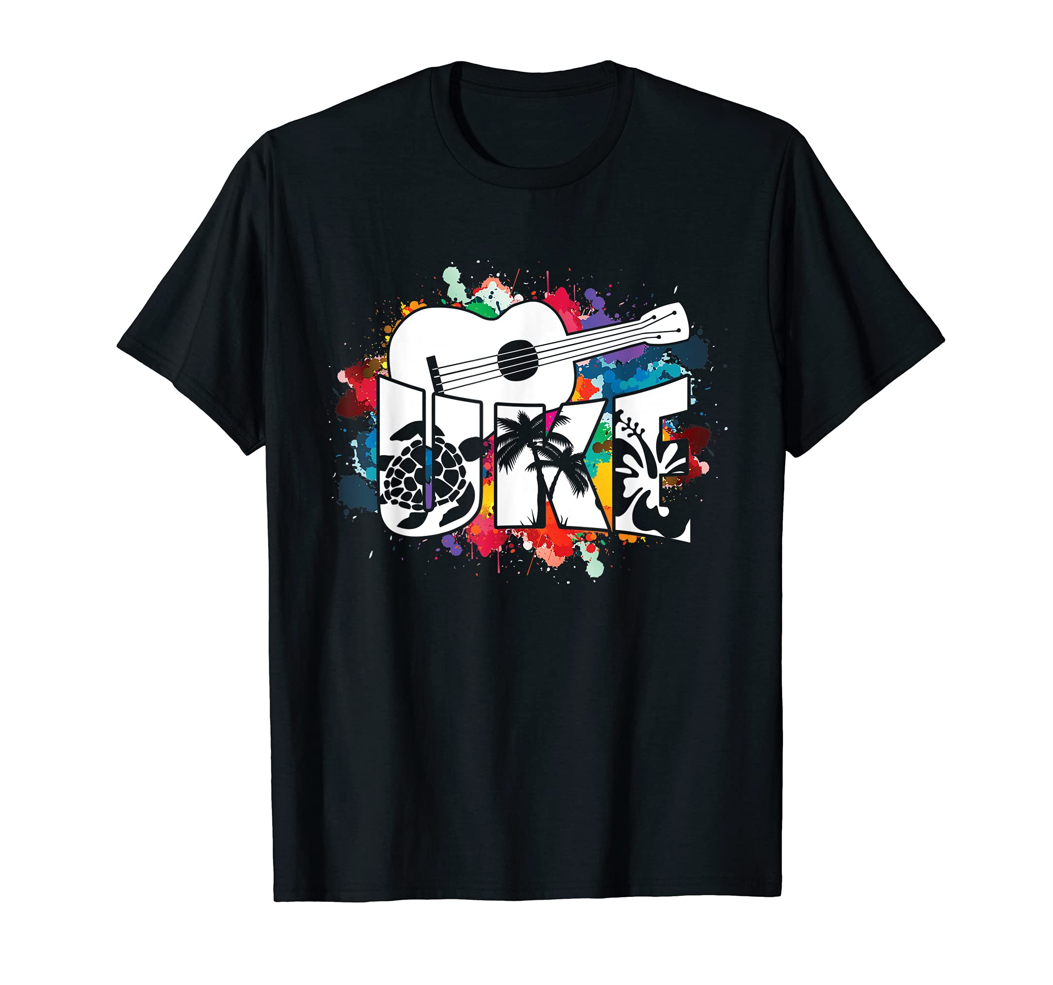 Uke Colorful Guitar Musician Acoustic Hawaiian T-Shirt, Black