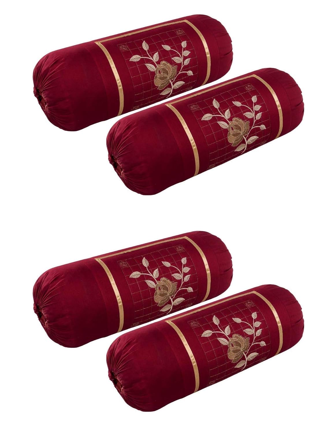 HSR Collection premium cotton embroidery bolster cover set of 4, Maroon