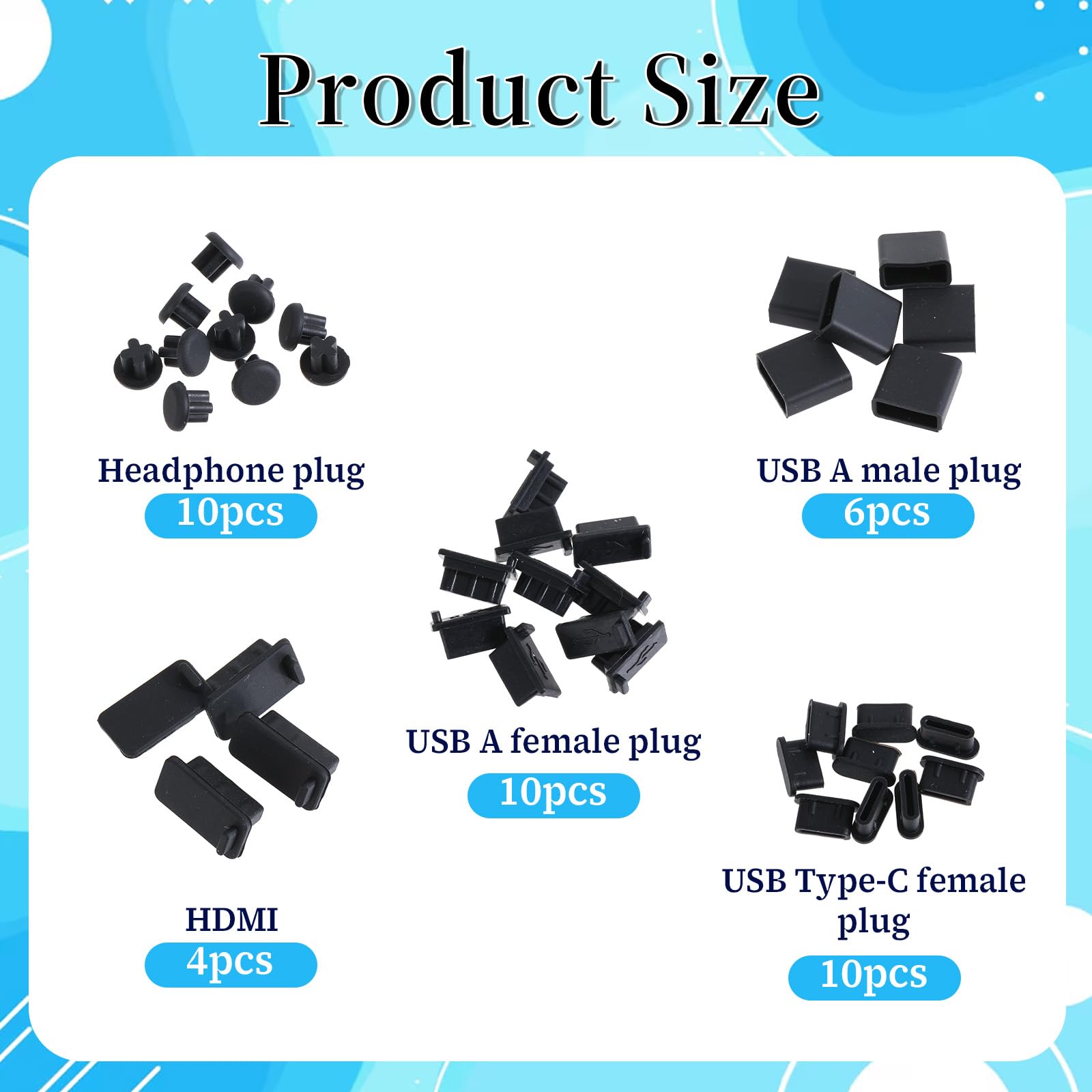 Be In Your Mind 48 stuks USB poort plug covers set siliconen USB anti stof kap beschermer opladen poort cover kit elektronische accessoires voor telefoons laptops computer zwart