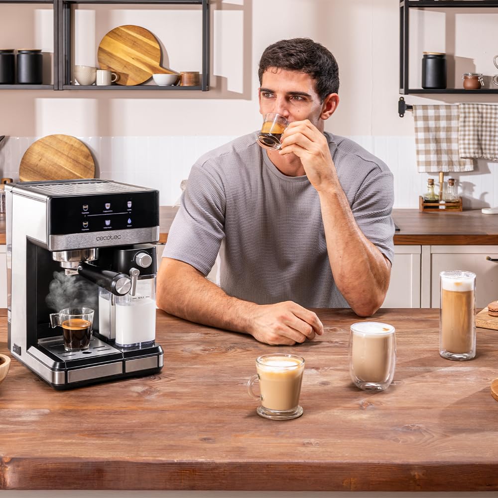 Cecotec Cafetera Express Power Espresso 20 Touch & Cream +. 1350W, 20Bares, Pantalla Táctil Recetario, Espumador, Thermoblock, Depósito Leche 500ml, Agua 1.8L, Autolimpieza, Accesorios