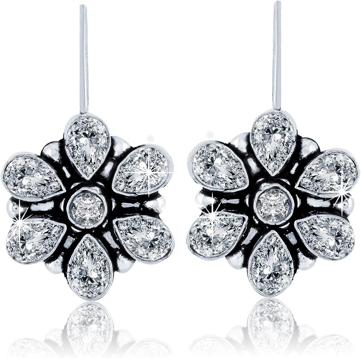 Yellow ChimesEarrings for Women and Girls | Traditional Silver Oxidised Drop Earrings Studded White Stone | German Silver Earring | Floral Drop Earrings | Accessories Jewellery for Women | Birthday Gift For Girls and Women Anniversary Gift for Wife