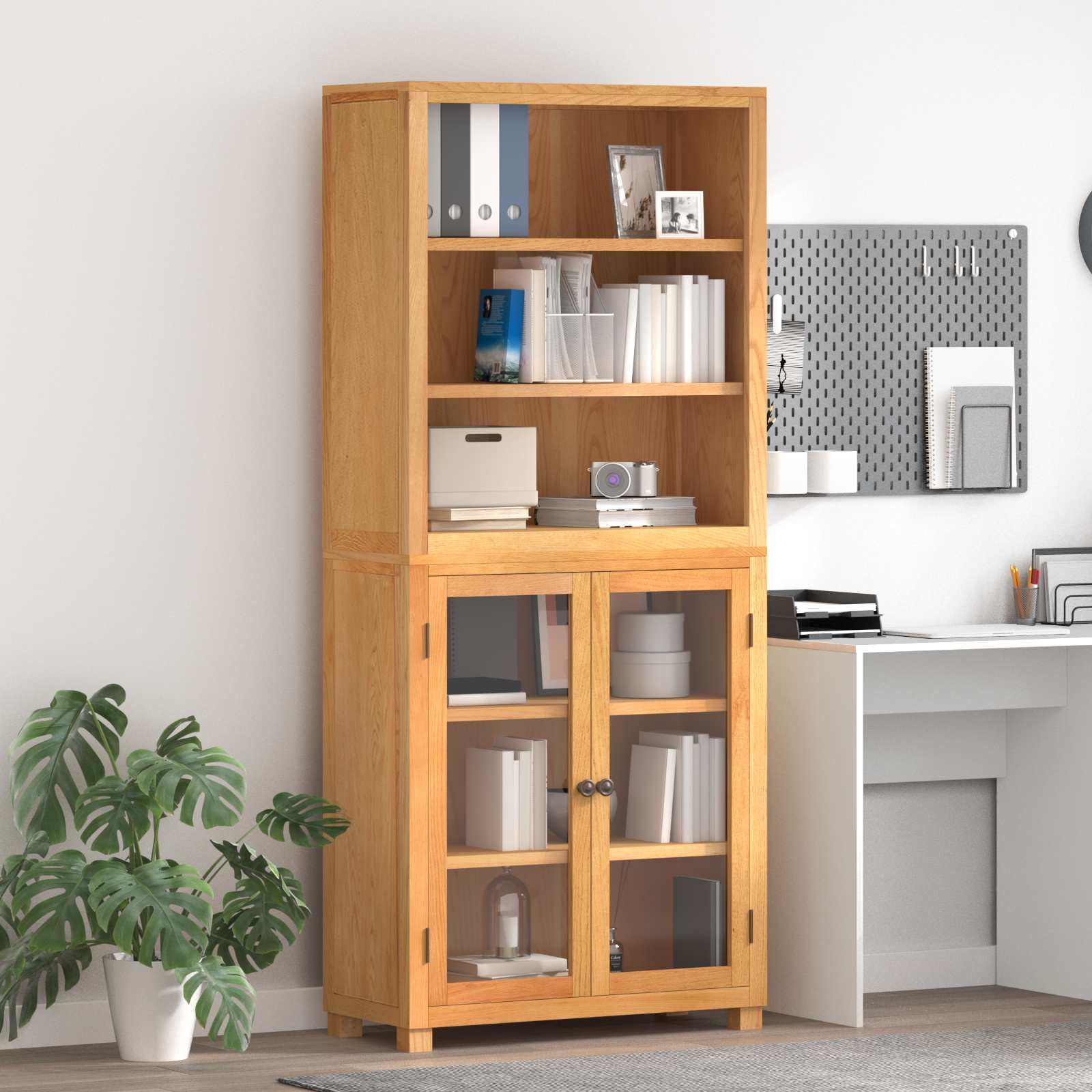 Set di mobili portaoggetti in rovere massello con 2 ripiani, 80 x 35 x 185 cm, 4 ripiani, 2 ante in vetro, per soggiorno, camera da letto, ufficio