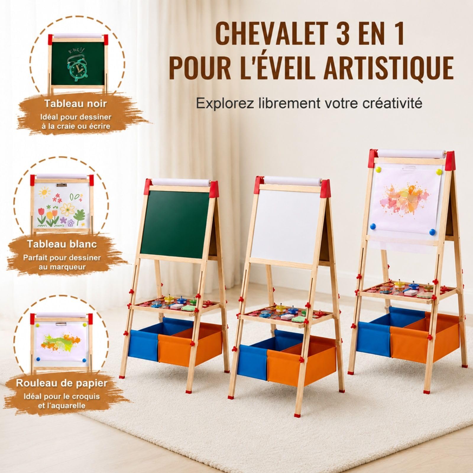 Chevalet d'art en bois double face avec tableau blanc magnétique et tableau noir, hauteur réglable, pour dessin et écriture