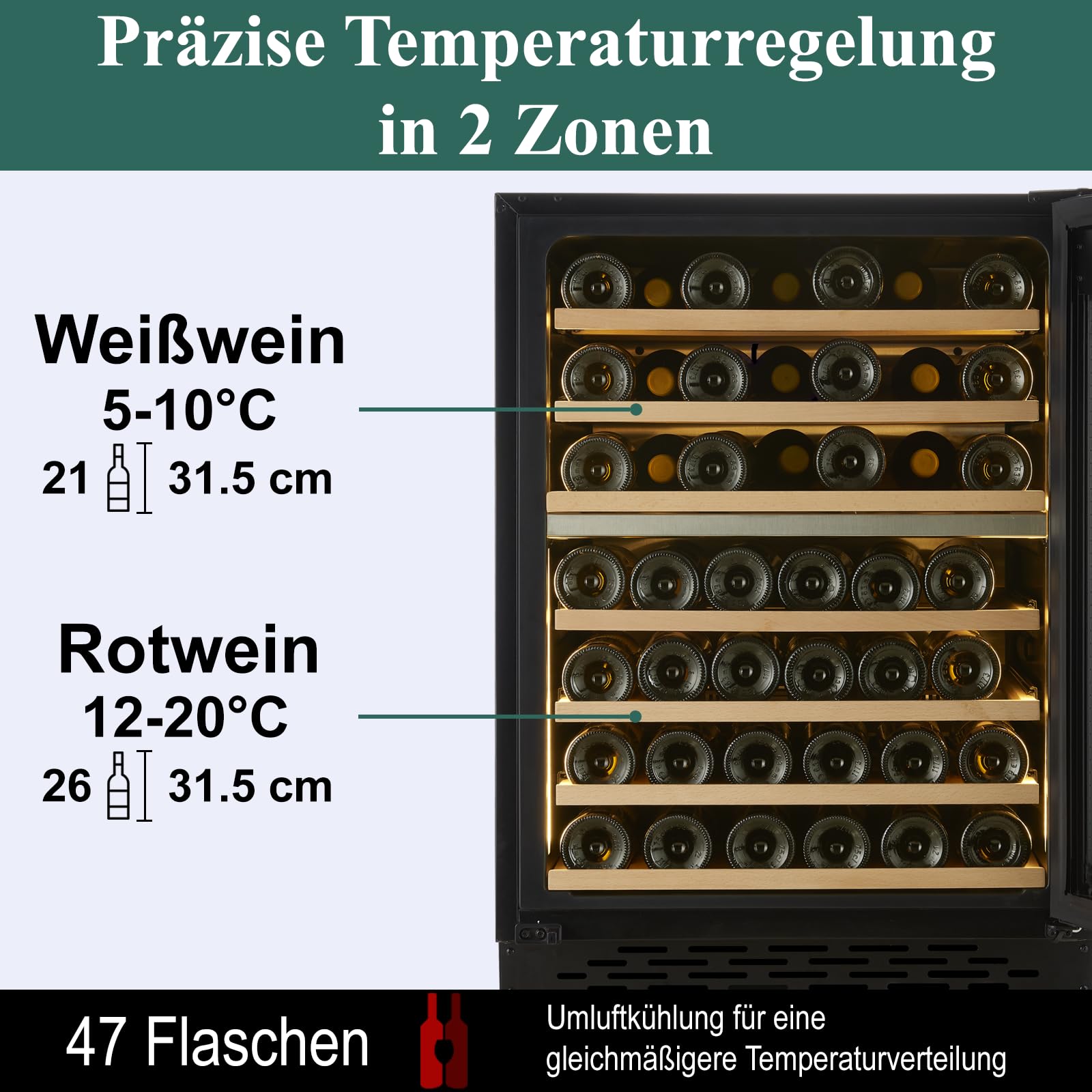 Weinkühlschrank 2 Zonen 71 Flaschen Einbaugerät Unterbau 60cm Breit UV-Glastür Holzablagen Leise 37dB