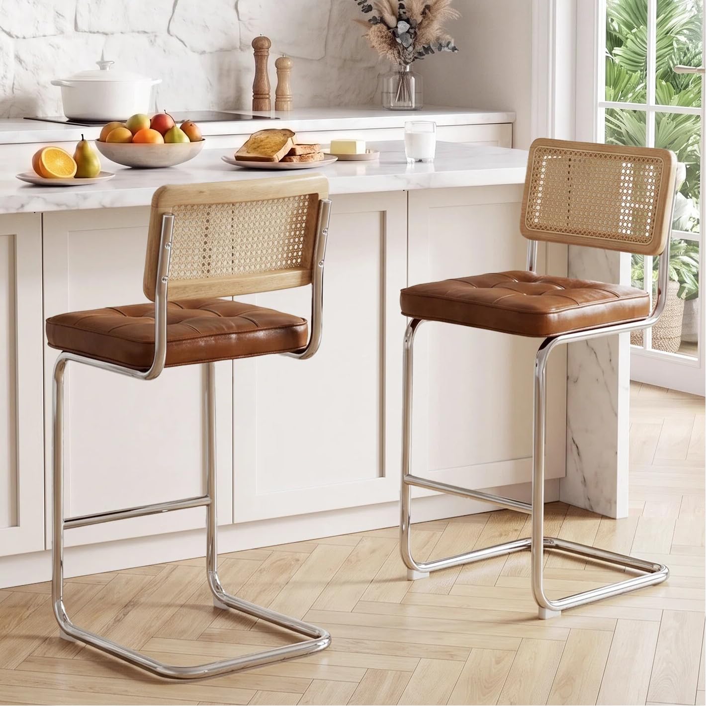 Zesthouse Natural Rattan Counter Stools Set of 2, 26 Modern Boho Barstools