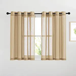 NICETOWN Linen Curtains 45 inch Length for Bathroom, Ring Top Semi Sheer Drapes Privacy with Light Through Window Treatments for Bedroom/Kids Room, Camel, W52 x L45, 2 Pieces