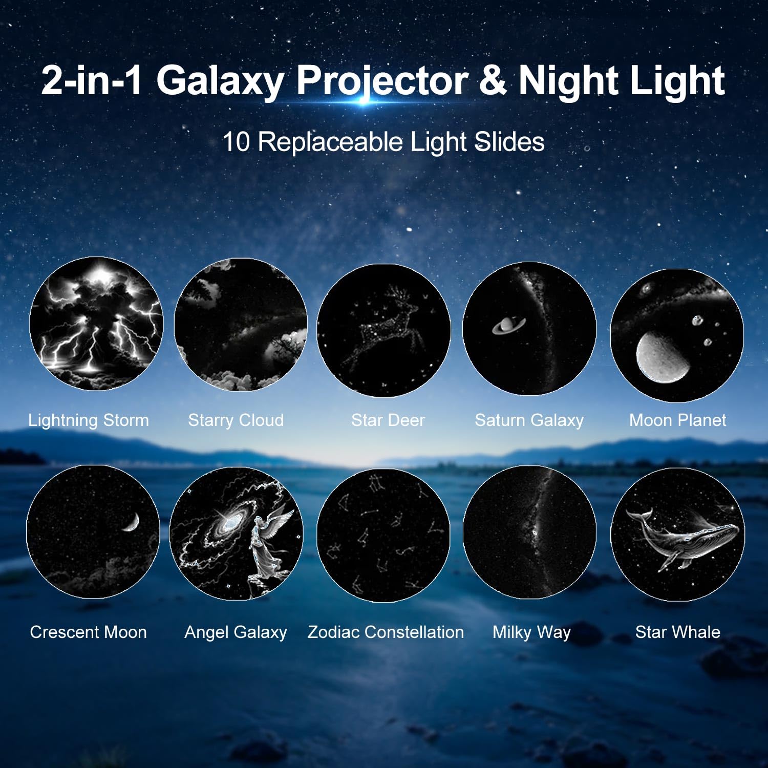 Galaxy Nachtlicht Projektor, 2-in-1 USB Sternenlampe Kinder Geschenk für Schlafzimmer | Einstellbare Helligkeit, Auto- und Raum-Wand-Deckendekoration, 10 Folien