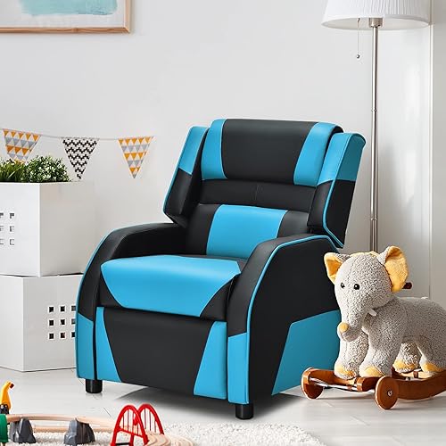 Miniatura 9 de HONEY JOY Silla reclinable para niños, silla reclinable de juegos juveniles con reposacabezas y almohada trasera, silla de salón tapizada de cuero