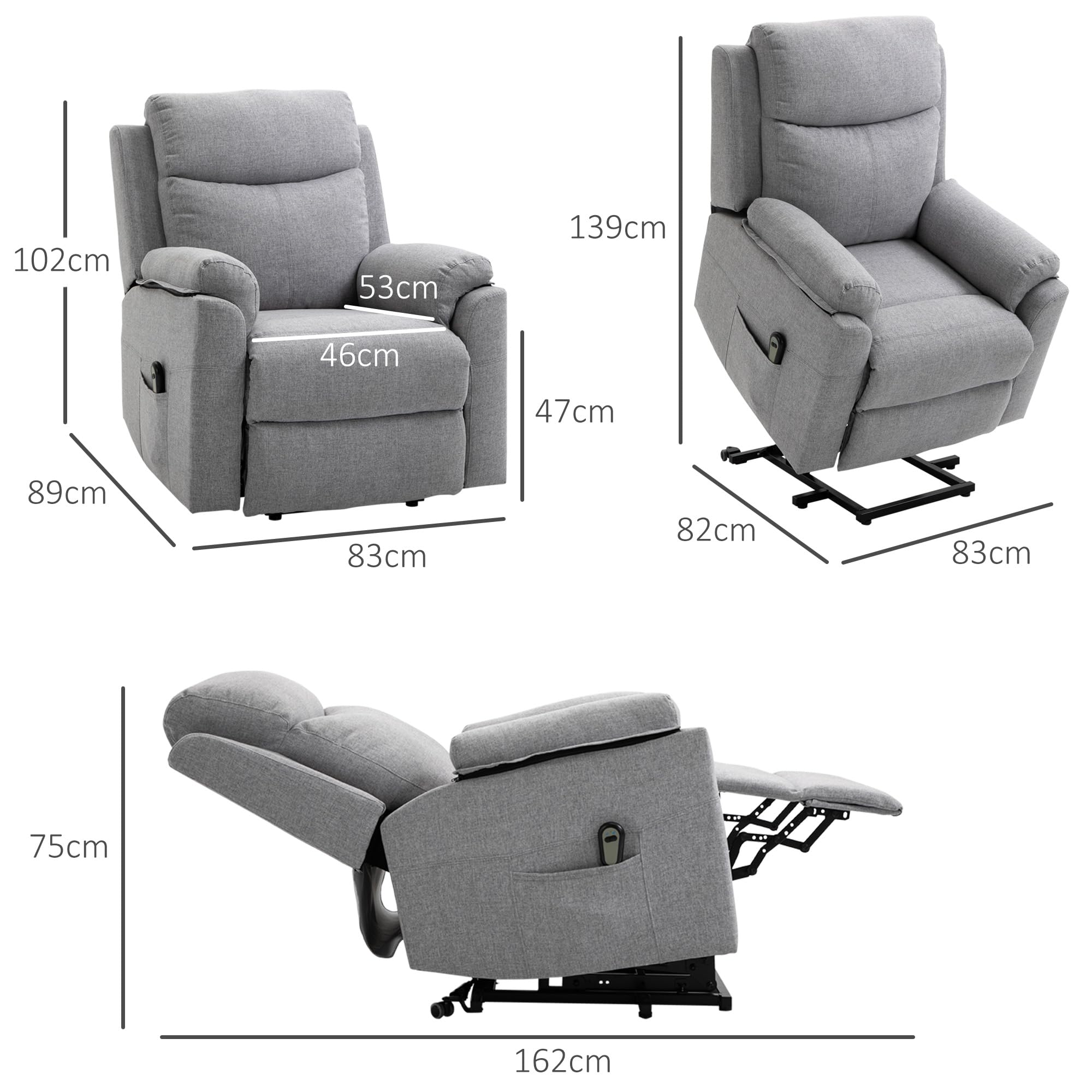 HOMCOM Poltrona Elettrica Alzapersona Reclinabile 160°, Poltrona Relax con Poggiapiedi, Tasche Laterali, Telecomando, per Soggiorno, in Tessuto Effetto Lino, Grigio Chiaro