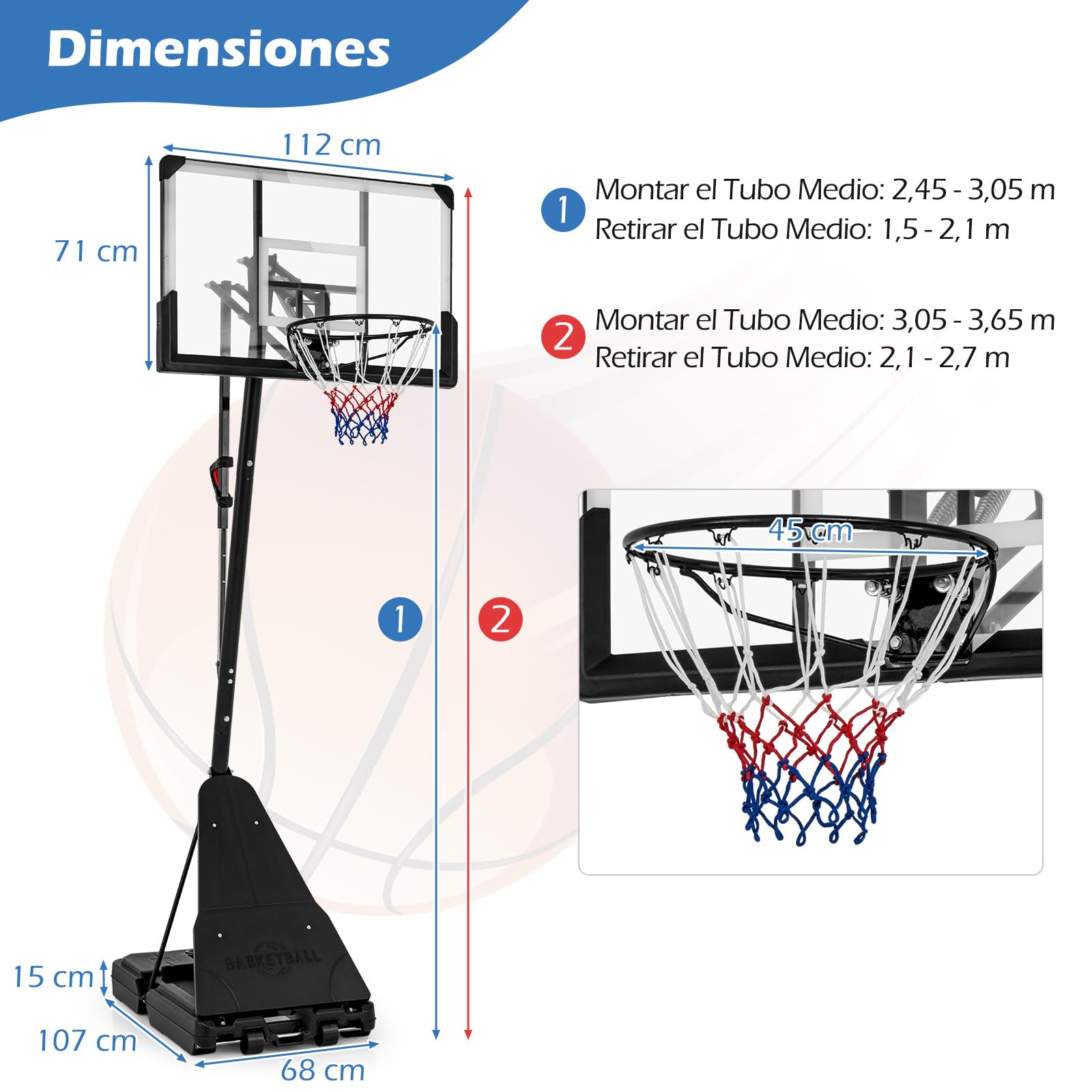 COSTWAY Canasta de Baloncesto Exterior, Altura Ajustable de 1,5 m a 3,05 m, Aro de Baloncesto Portátil PC con Base Rellenable de Agua 60 kg o Arena 150 kg, Canasta de Baloncesto Adolescentes y Adultos