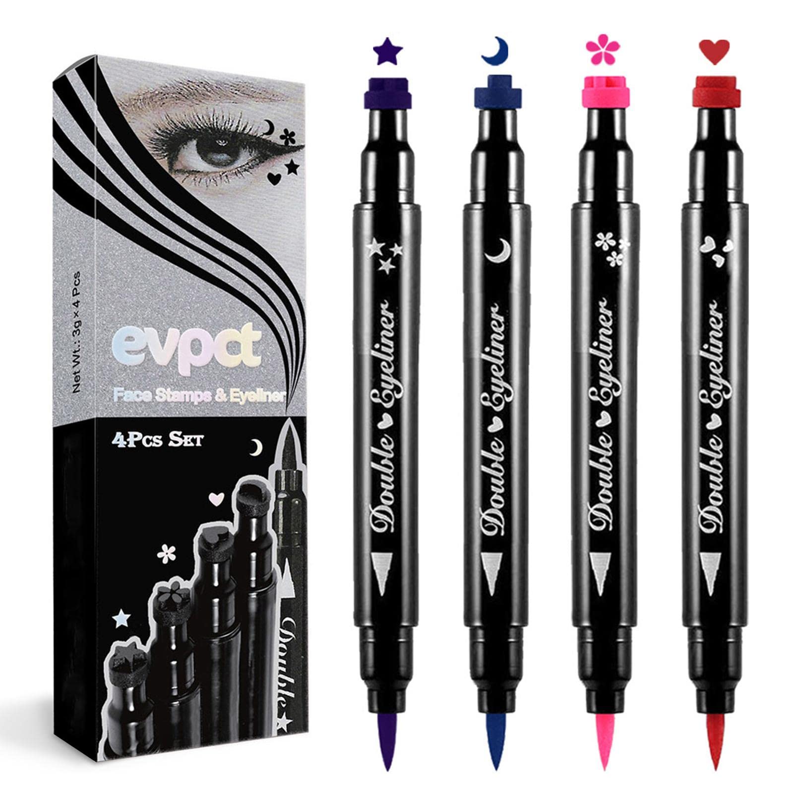 EVPCT 4 Pcs Double Stamp Eyeliner | Portable Professional Makeup Eye Liner | Waterproof Liquid Eye Liner Pen | Red Heart, Purple Star, Blue Moon, Pink Flower