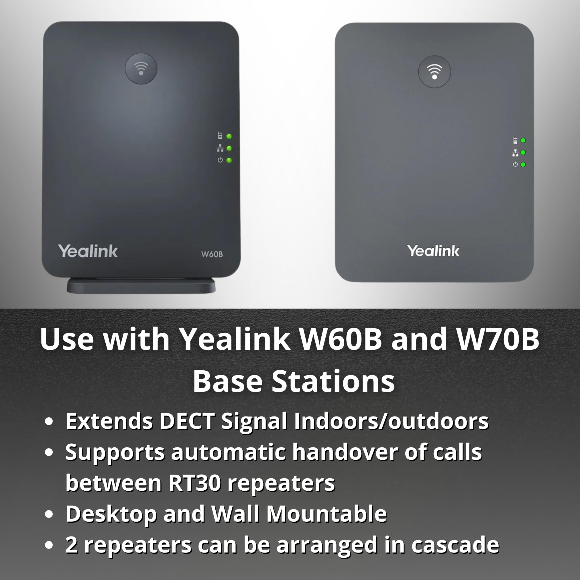 Yealink RT30 Wirlesss DECT Repeater Basestation - per W52P, W56P, W56H, W70B, W70P, DD10K, W60P, W60B, telefoni cordless compatibili: W73H, W78H, W57R, W59R, W53H, W56H, con panno Global Teck