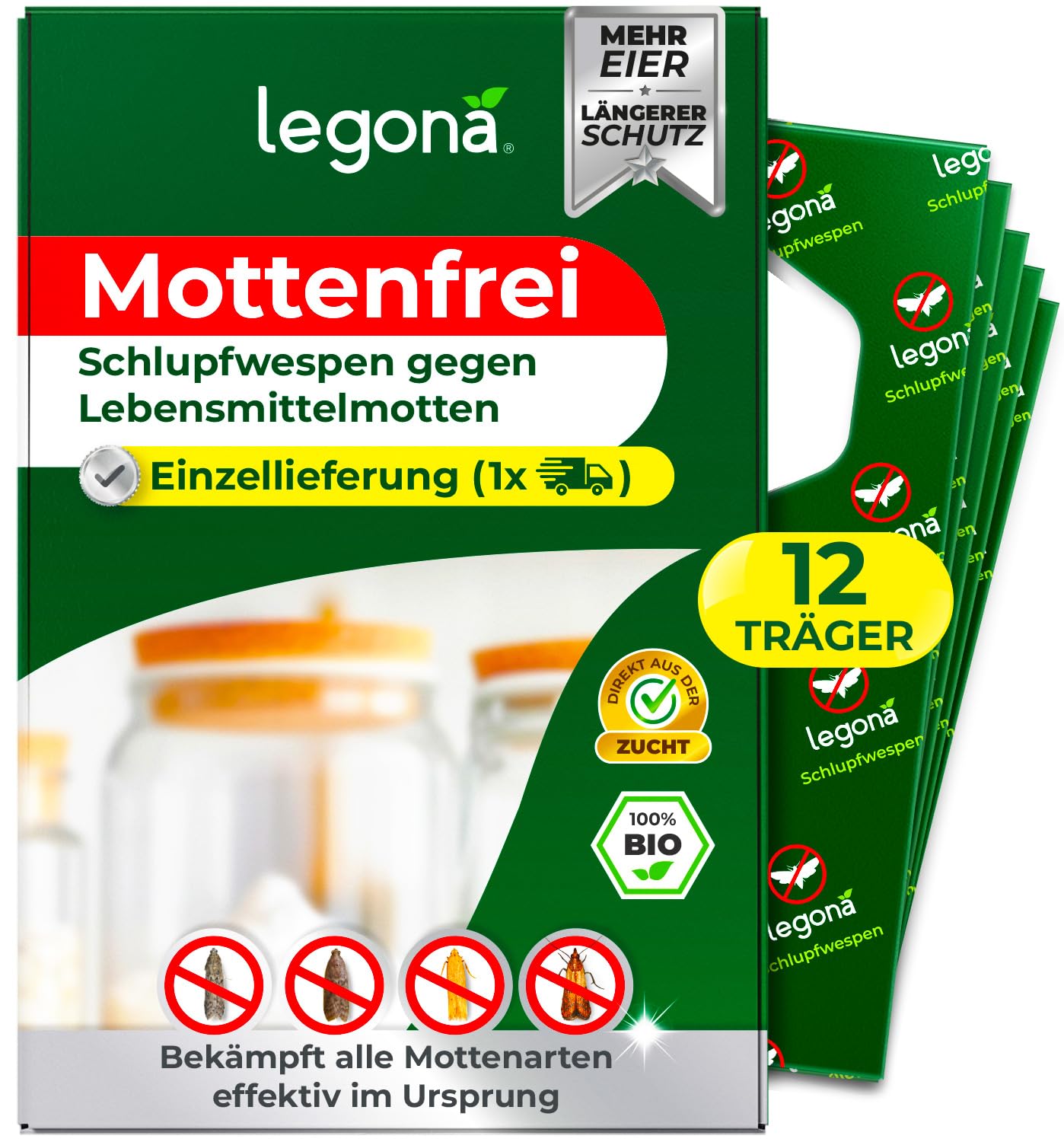 Legona Schlupfwespen gegen Lebensmittelmotten – 1 Lieferung mit 12 Träger – Mottenschutz für Küche und Vorrat – Alternative zur Mottenfalle