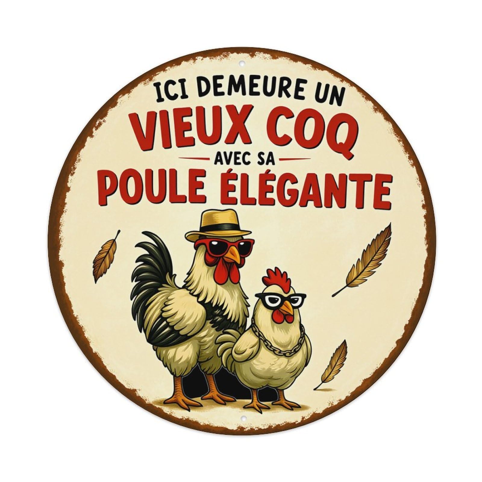 Chicken Rooster Hat Glasses Feather Round Tin Sign Retro Metal Sign for Cafe Bar Pub Home Game Room Gym Club Wall Decoration Vintage Metal Poster 8x8 Inch