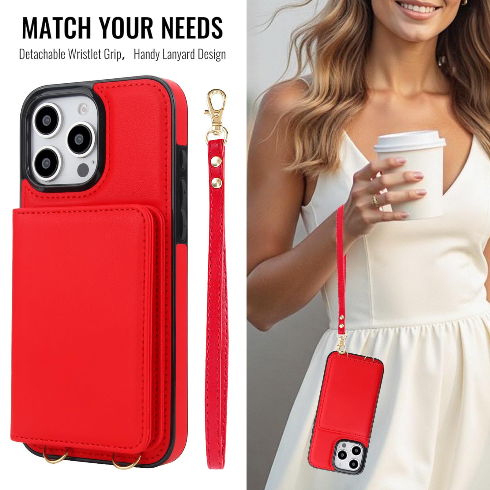 Portmonetka etui do iPhone 16 Pro Max / 16 Pro / 16 Plus/16, zapięcie magnetyczne, skórzane etui na telefon komórkowy z klapkami na karty, odporne na uderzenia, ultracienkie etui, czerwone, 16