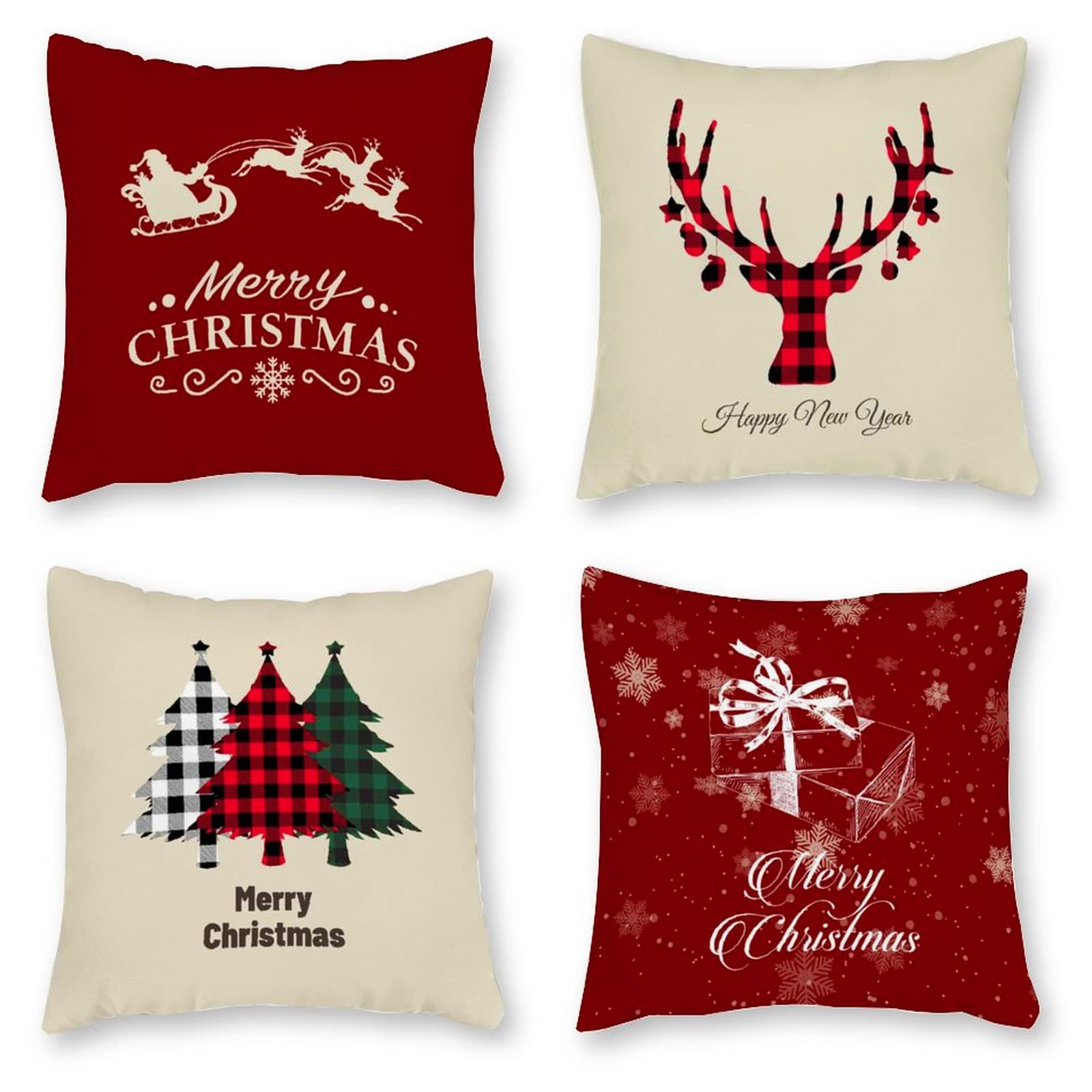 Christmas Pillow Covers 18x18 Inch Set of 4 Red Buffalo Plaid Standard Size Xmas Holiday Couch Pillows Rustic Christmas Decorations Winter Pillowcase for Living Room Home Bed