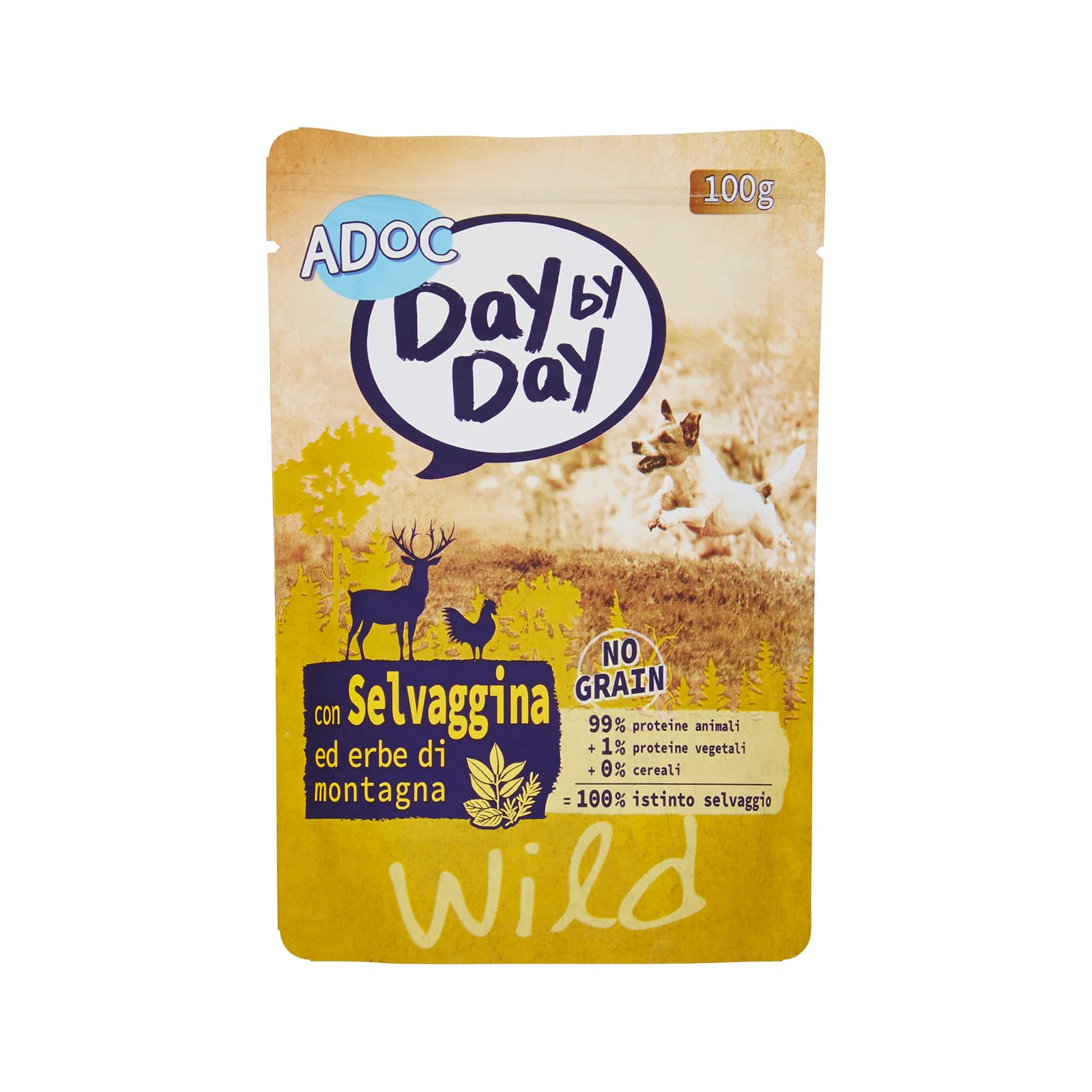Adoc Day by Day Wild, Alimento Umido Completo per Cani Adulti, Bocconcini con Selvaggina ed Erbe di Montagna, 24 Buste da 100 g, Ingredienti Naturali, Senza Coloranti e Conservanti