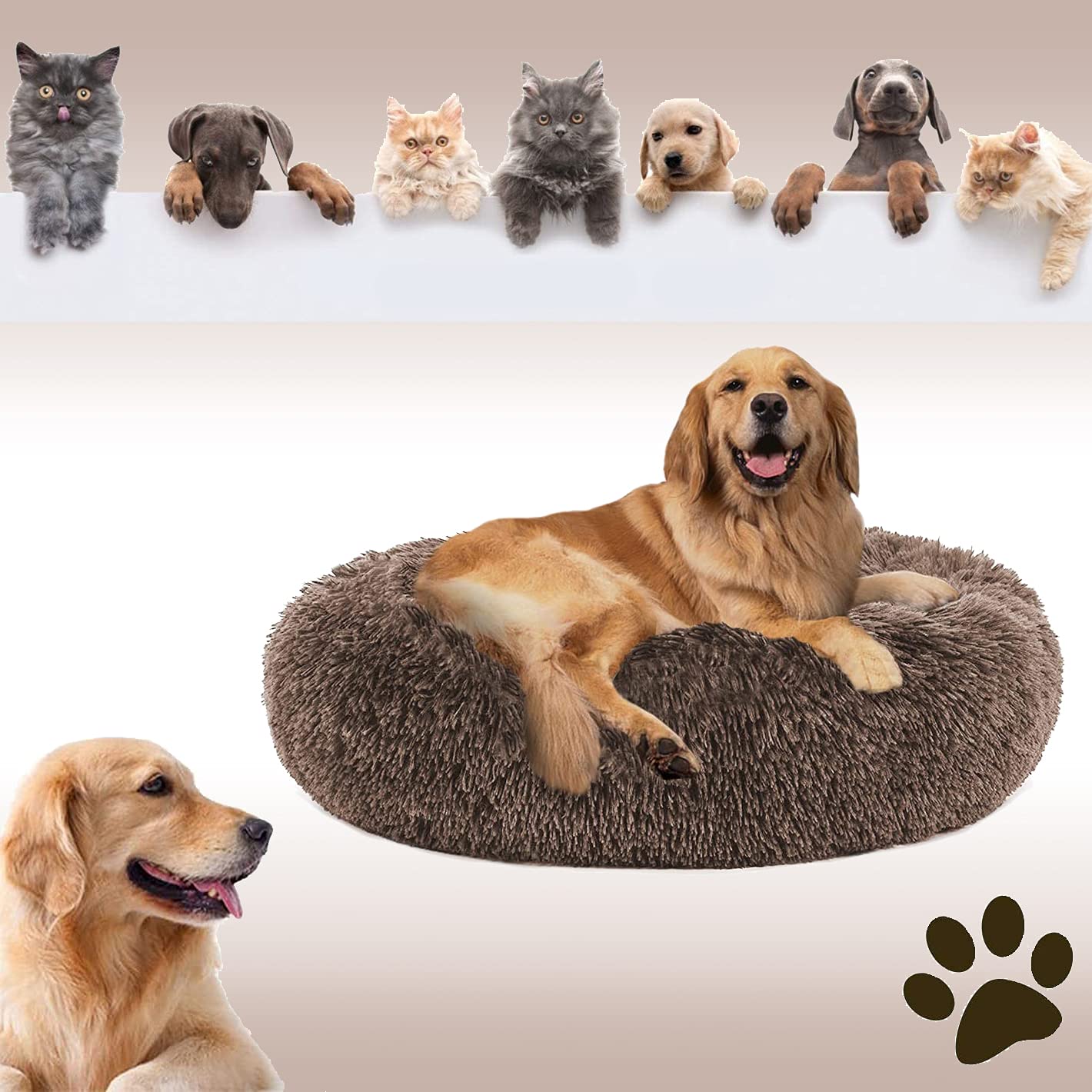 D&D PA Original Round Pet bed Ultra Soft Plush Dog Bed Cat Bed for Small Medium Large Pets Round Warm Donut Cuddler Calming Pet Beds with Anti-slip Bottom Machine Washable (60CM,Chocolate)