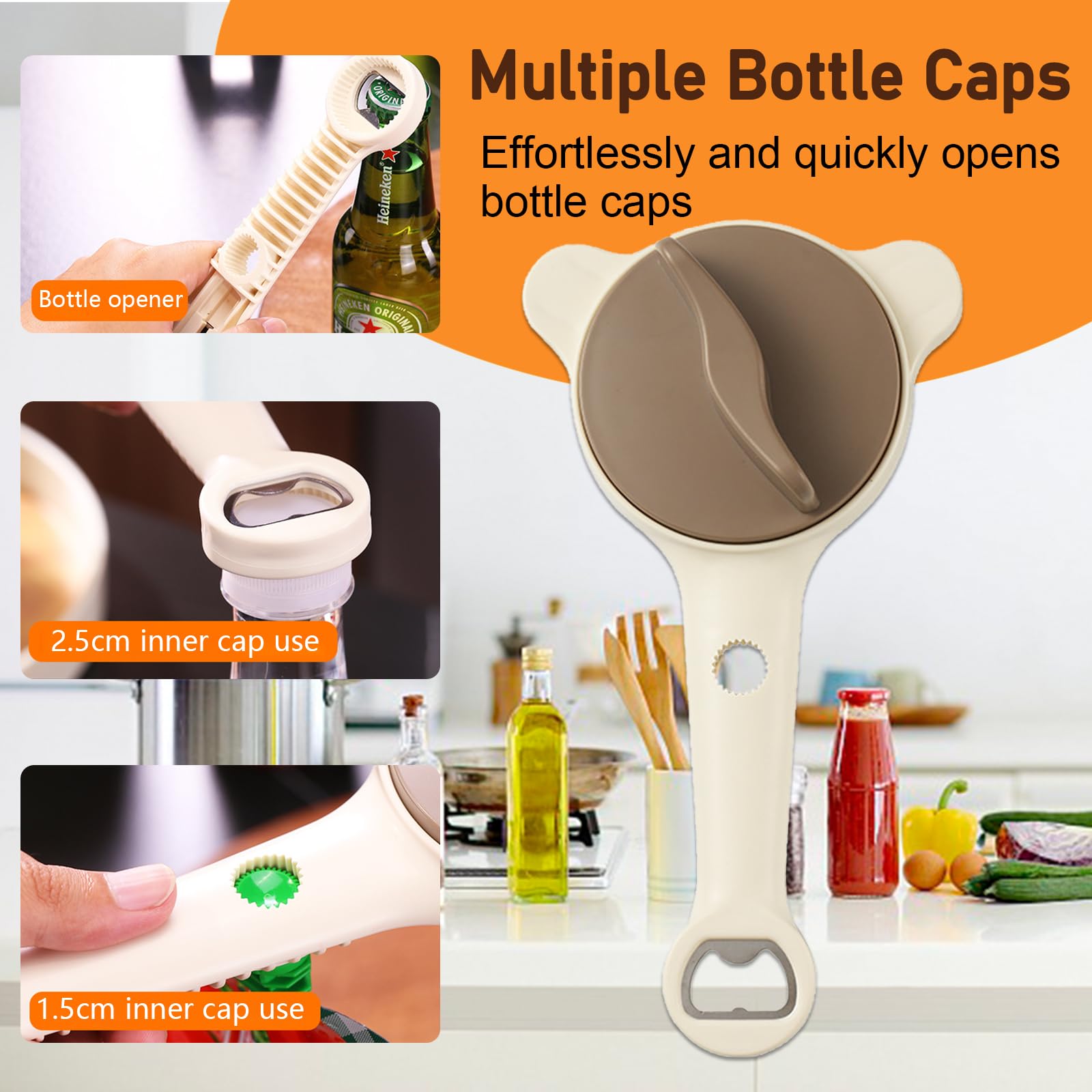 Apribarattoli 4 in 1 Multiuso, Apriscatole Manuale Regolabile con Denti Antiscivolo, Apribarattoli per Anziani con Manico Lungo, Utensile da Cucina Ergonomico per Barattoli e Bottiglie