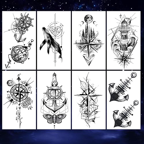 Miniatura 2 de Impermeable falso tatuaje temporal etiqueta engomada 8 hojas pequeño lindo mano negro brújula ancla ballena cruz mariposa corazón