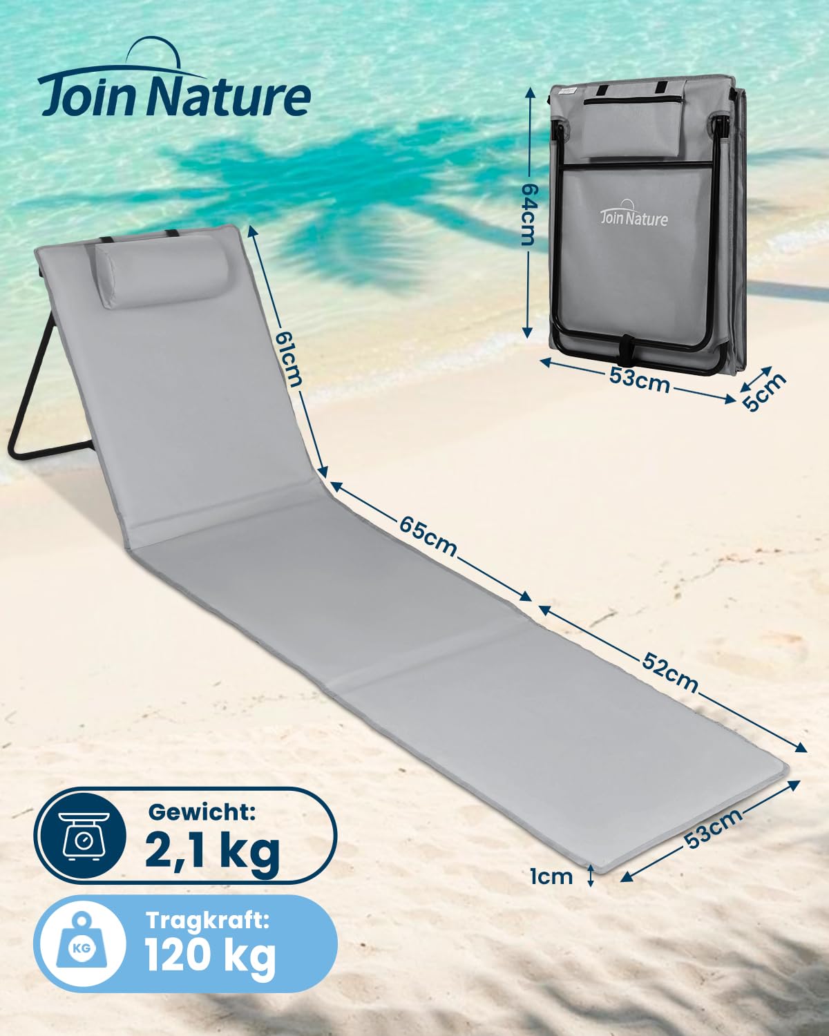 Join Nature Mata plażowa, bardzo długi leżak plażowy, składany, 186 x 53 cm, leżak plażowy z regulowanym oparciem, łatwy do przenoszenia z uchwytem, na kemping, do ogrodu, na basen