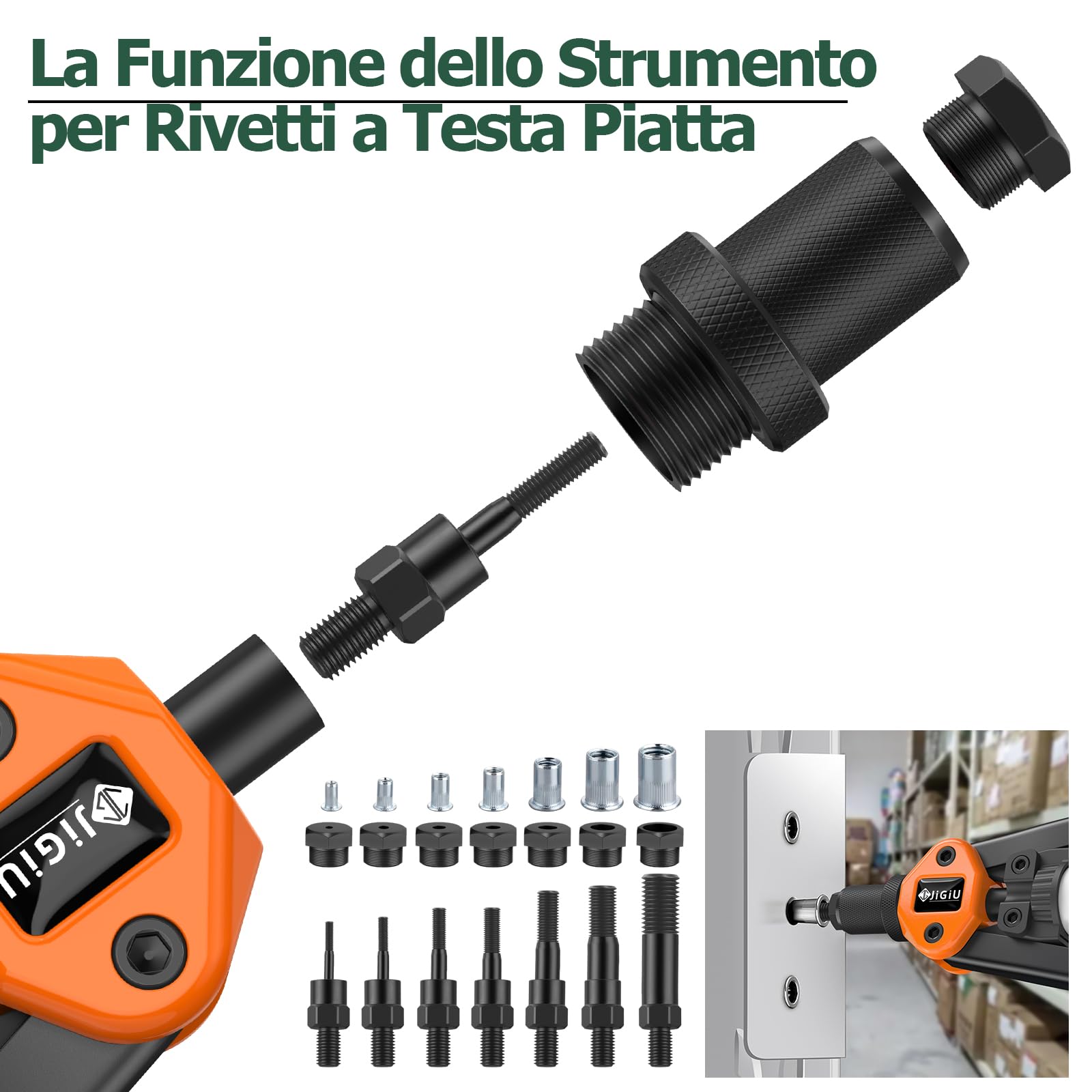 JiGiU Rivettatrice Professionale 2 in 1 per Inserti Filettati-7pz Mandrini Metrici 110 Dadi 5 Diverse Misure Doppio Manico di Rivettatrici-50 pz Rivetti per Lavori Edili-Nero Arancione