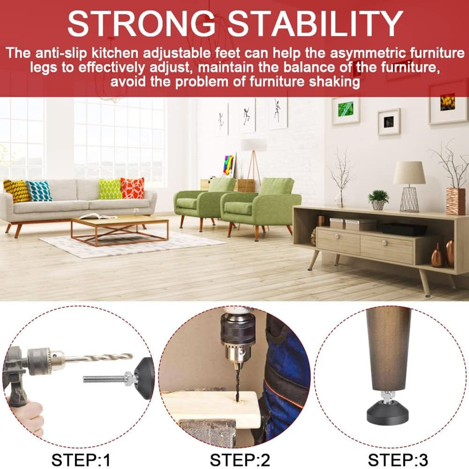 4 Piedini Livellamento Regolabili M8 - Nylon E Acciaio, Antiscivolo, Per Mobili E Tavoli - Set Pratico - Foto 2